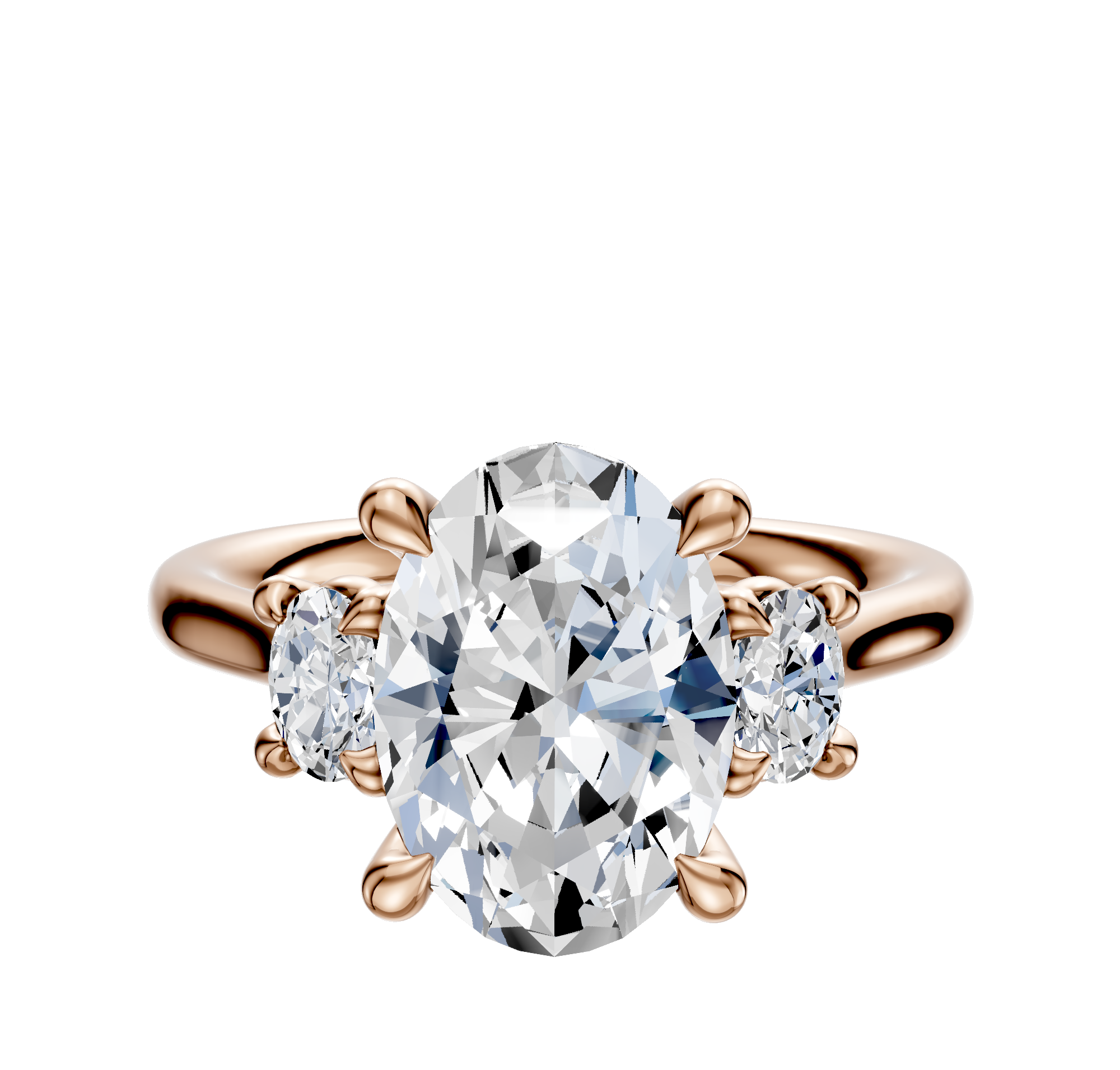 The 18K Rose Gold 3-Stone Oval Side Stones 0.125TCW Engagement Ring features an oval center diamond flanked by two round side diamonds in a prong setting, displayed on a plain white background.