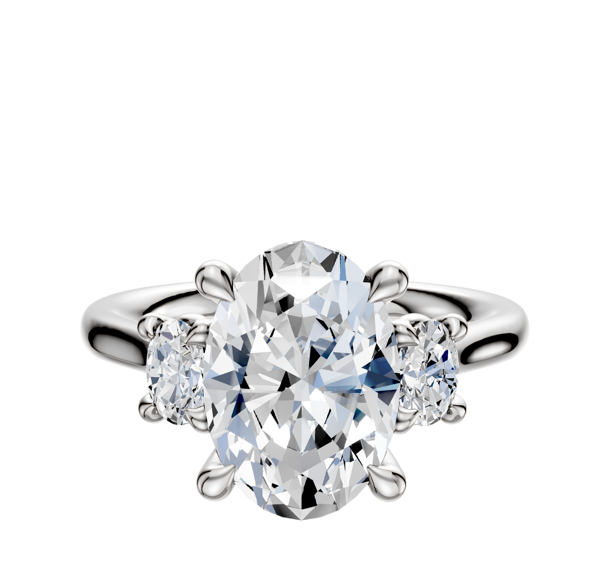 A 14K white gold engagement ring featuring a three-stone design with an oval center and side stones totaling 0.125TCW.