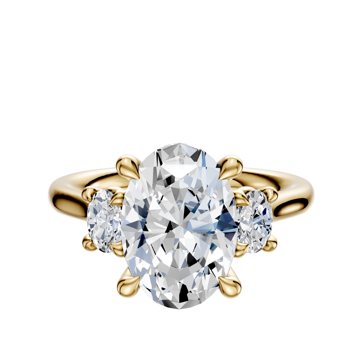 The 14K Yellow Gold 3-Stone Oval Side Stones 0.125TCW Engagement Ring features a large oval center diamond and two smaller round diamonds on each side, shown against a plain white background.
