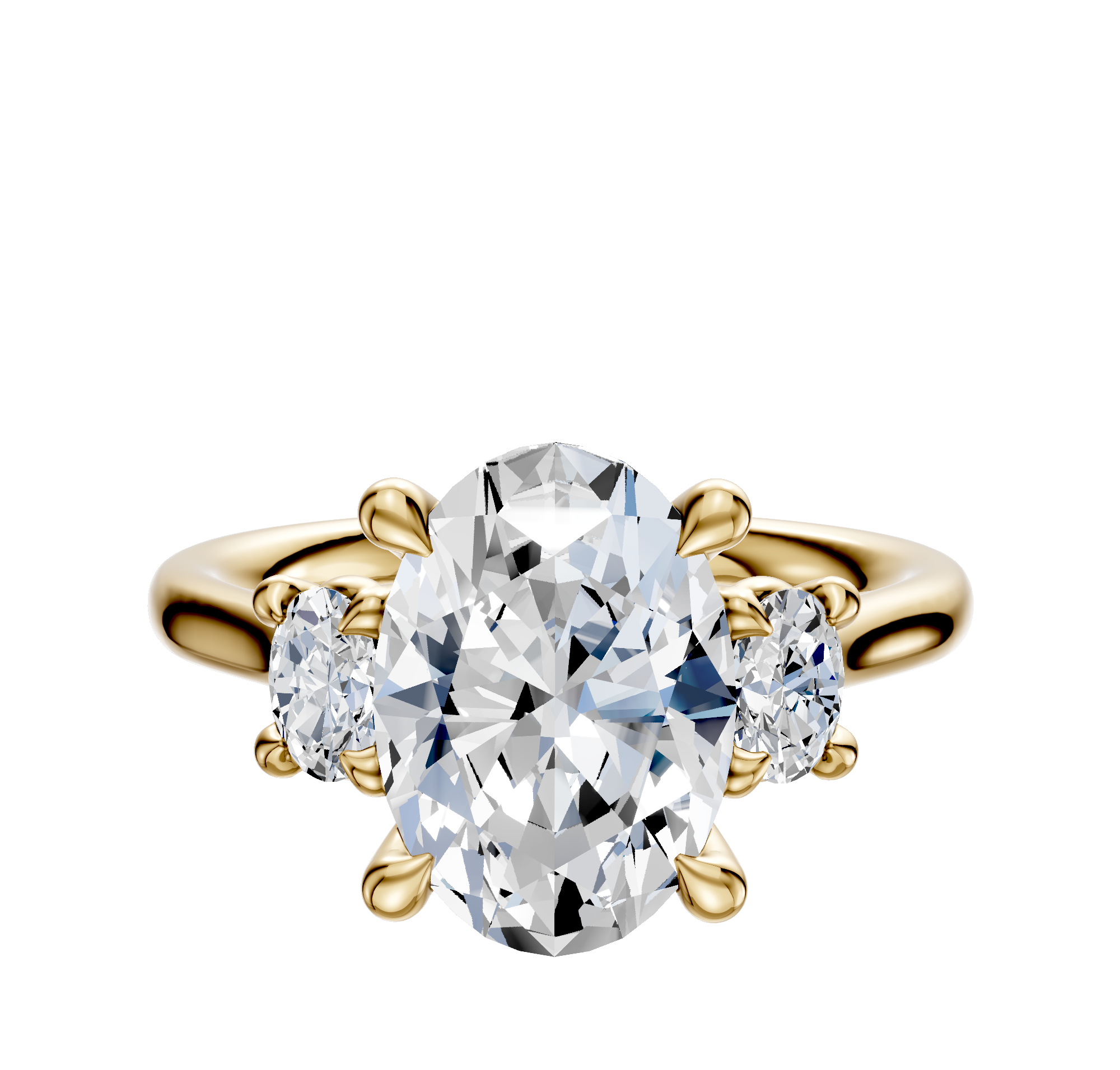 The 14K Yellow Gold 3-Stone Oval Side Stones 0.125TCW Engagement Ring features a large oval center diamond and two smaller round diamonds on each side, shown against a plain white background.