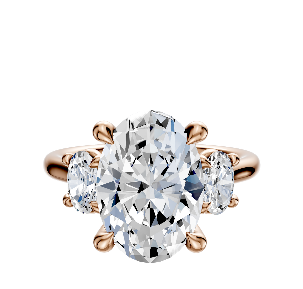 The 14K Rose Gold 3-Stone Oval Side Stones 0.25TCW Engagement Ring features an oval center diamond with two smaller oval side stones in prong settings.