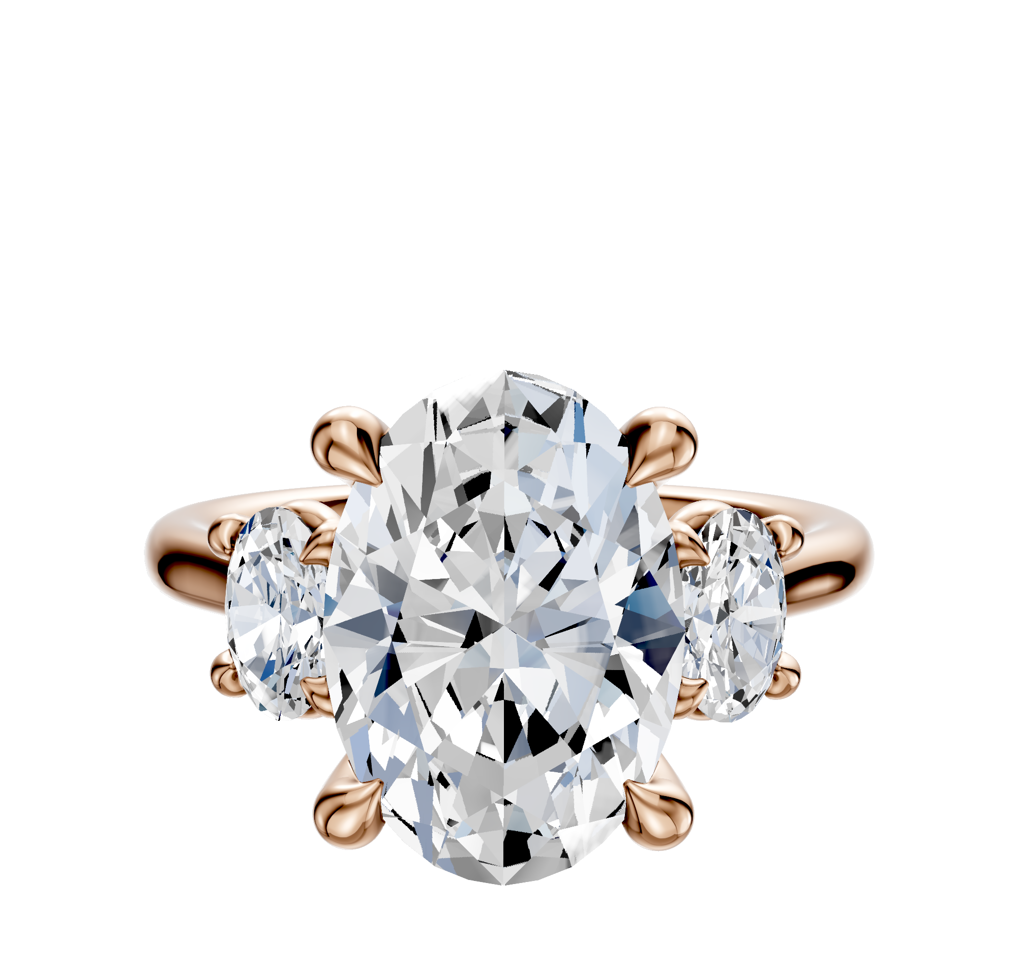The 14K Rose Gold 3-Stone Oval Side Stones 0.25TCW Engagement Ring features an oval center diamond with two smaller oval side stones in prong settings.
