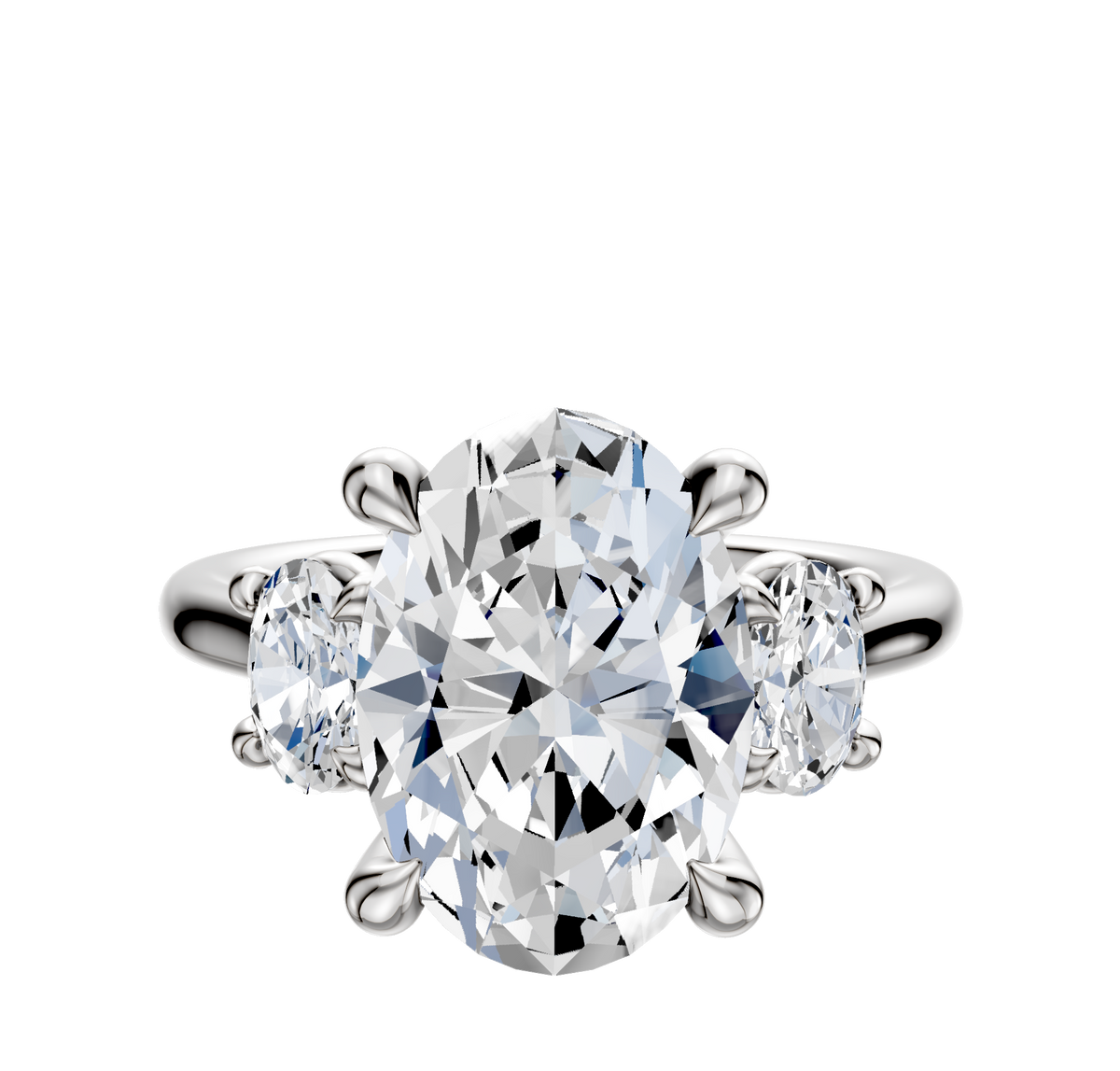 The 14K White Gold 3-Stone Oval Side Stones 0.25TCW Engagement Ring features a large oval diamond between two smaller round stones in a classic four-prong setting, displayed on a plain white background.