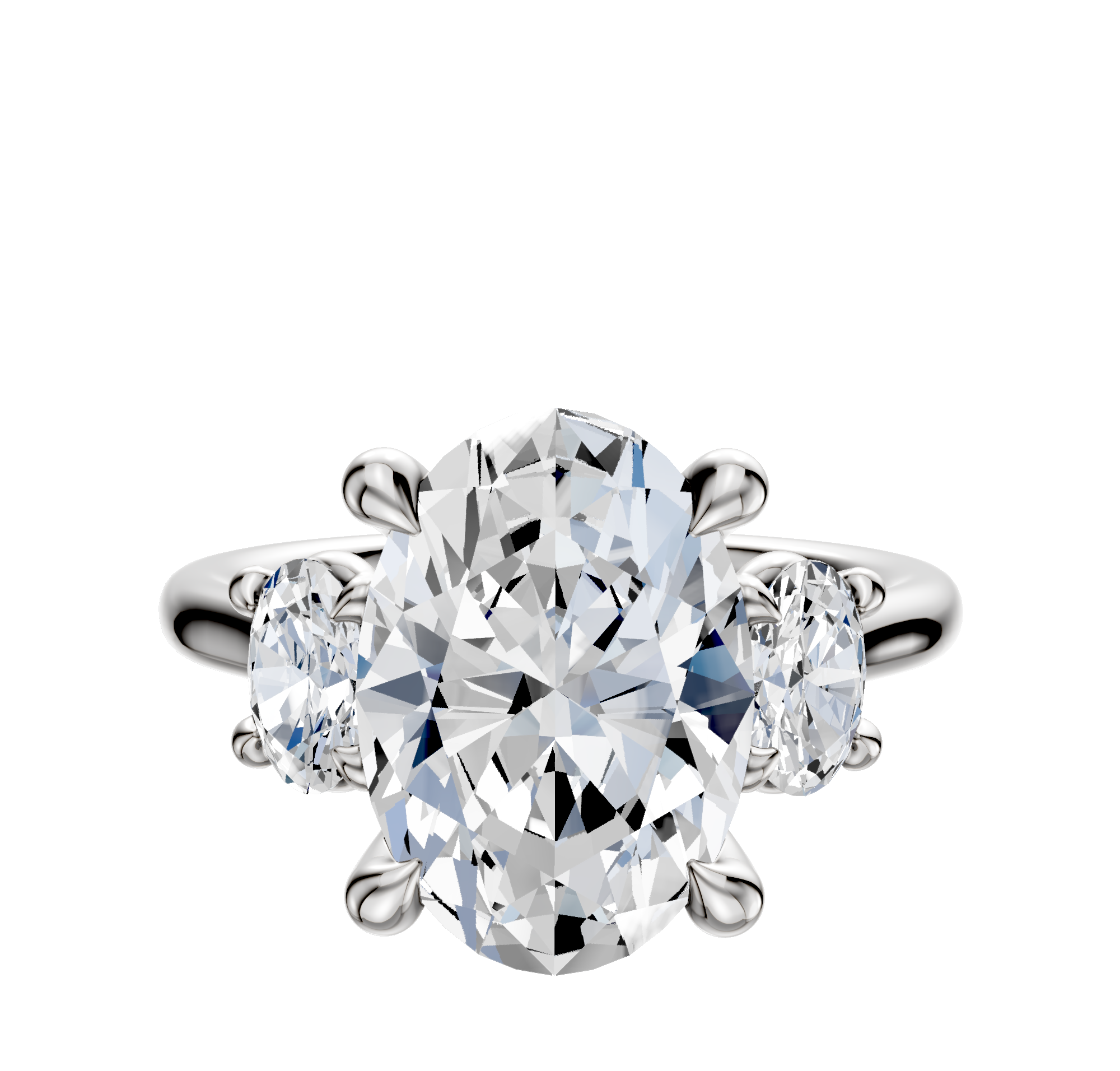 The 14K White Gold 3-Stone Oval Side Stones 0.25TCW Engagement Ring features a large oval diamond between two smaller round stones in a classic four-prong setting, displayed on a plain white background.