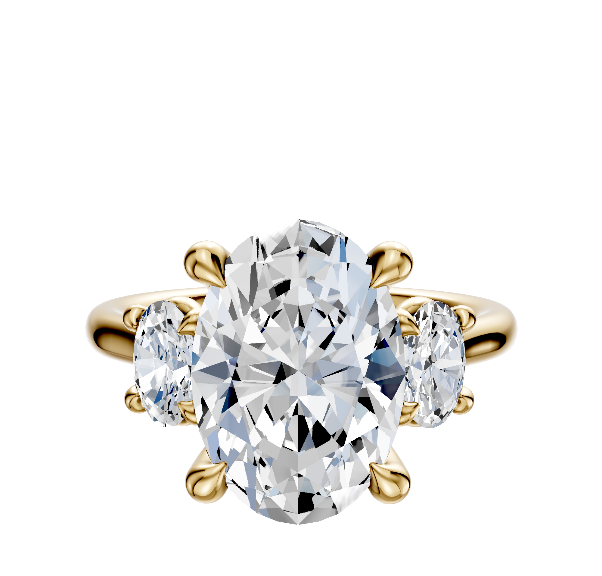The 14K Yellow Gold 3-Stone Oval Side Stones 0.25TCW Engagement Ring features a central oval diamond and two smaller oval side stones, all set in yellow gold prongs.