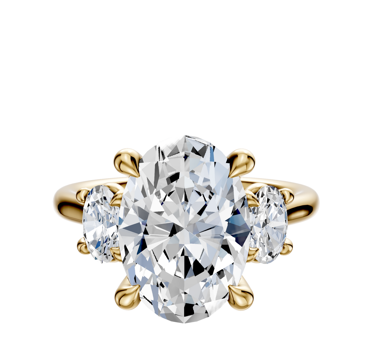 The 18K Yellow Gold 3-Stone Oval Side Stones 0.25TCW Engagement Ring features a central oval diamond with two smaller oval side stones, all set in prongs and displayed on a plain white background.