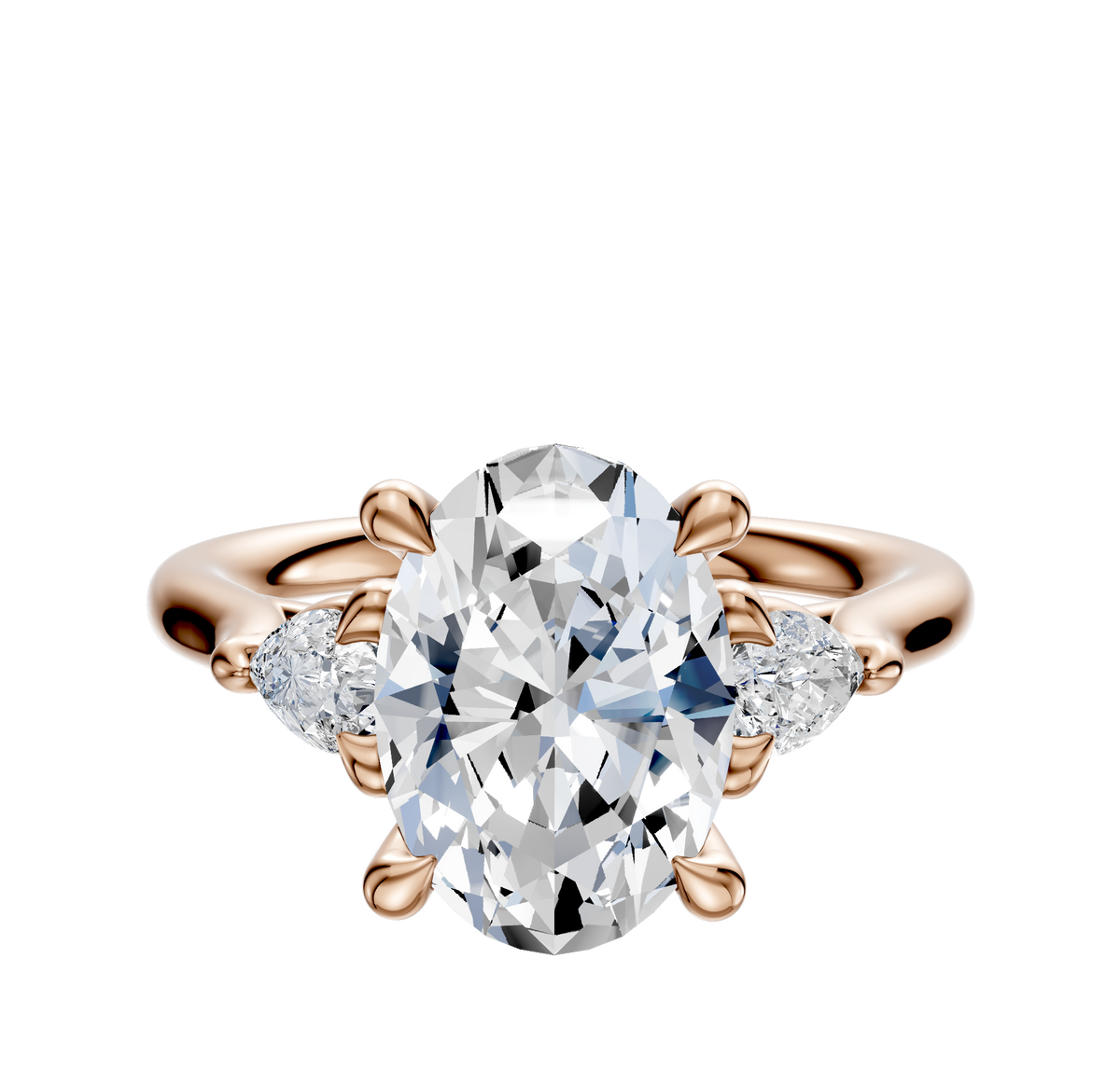 A 14K rose gold engagement ring featuring a large center diamond with three-stone design and pear-shaped side stones (0.125 TCW), shown against a plain white background.