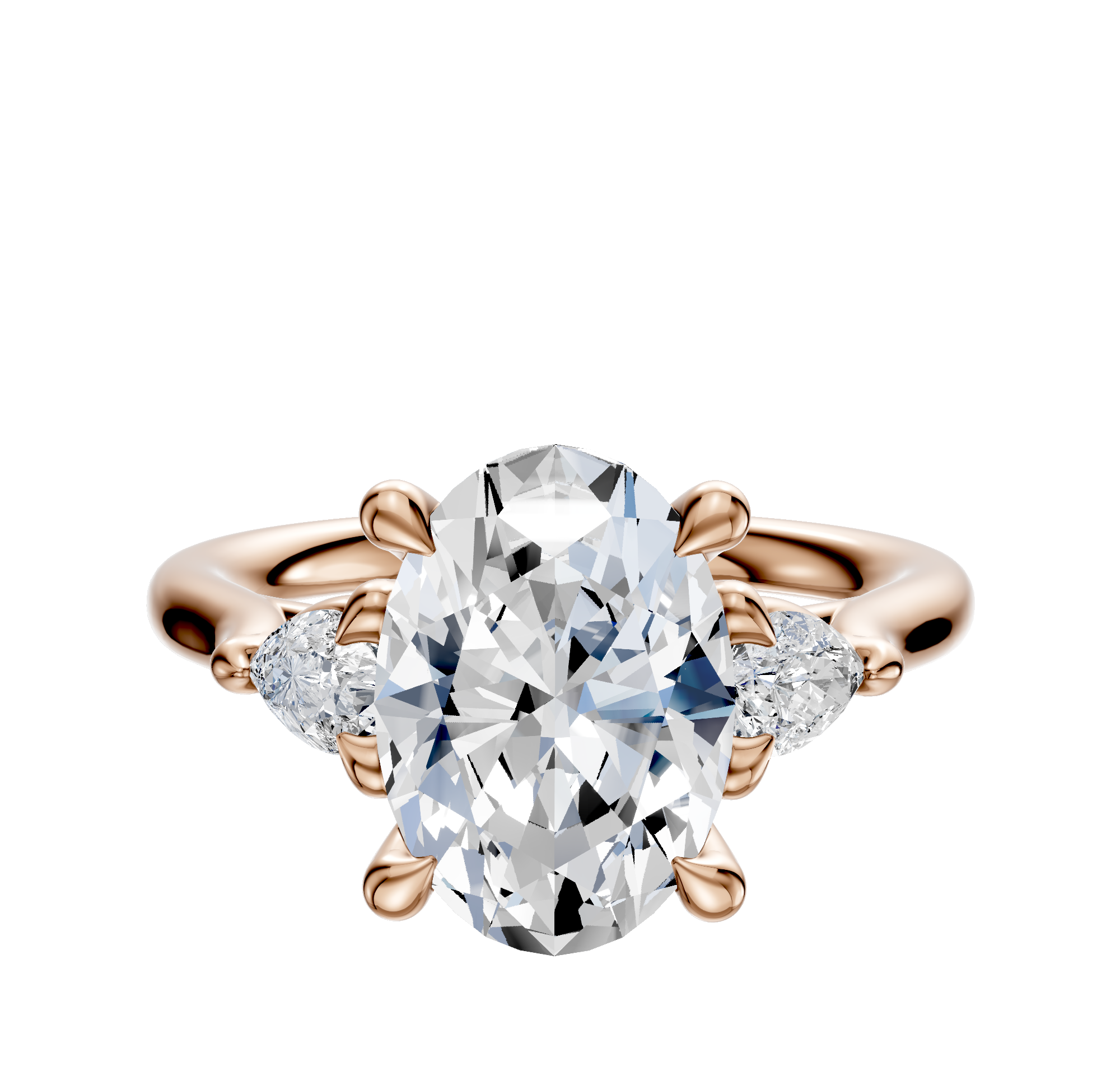 The 18K Rose Gold 3-Stone Engagement Ring features a central diamond accented by pear-shaped side stones totaling 0.125 carats, set in a sleek, polished band.