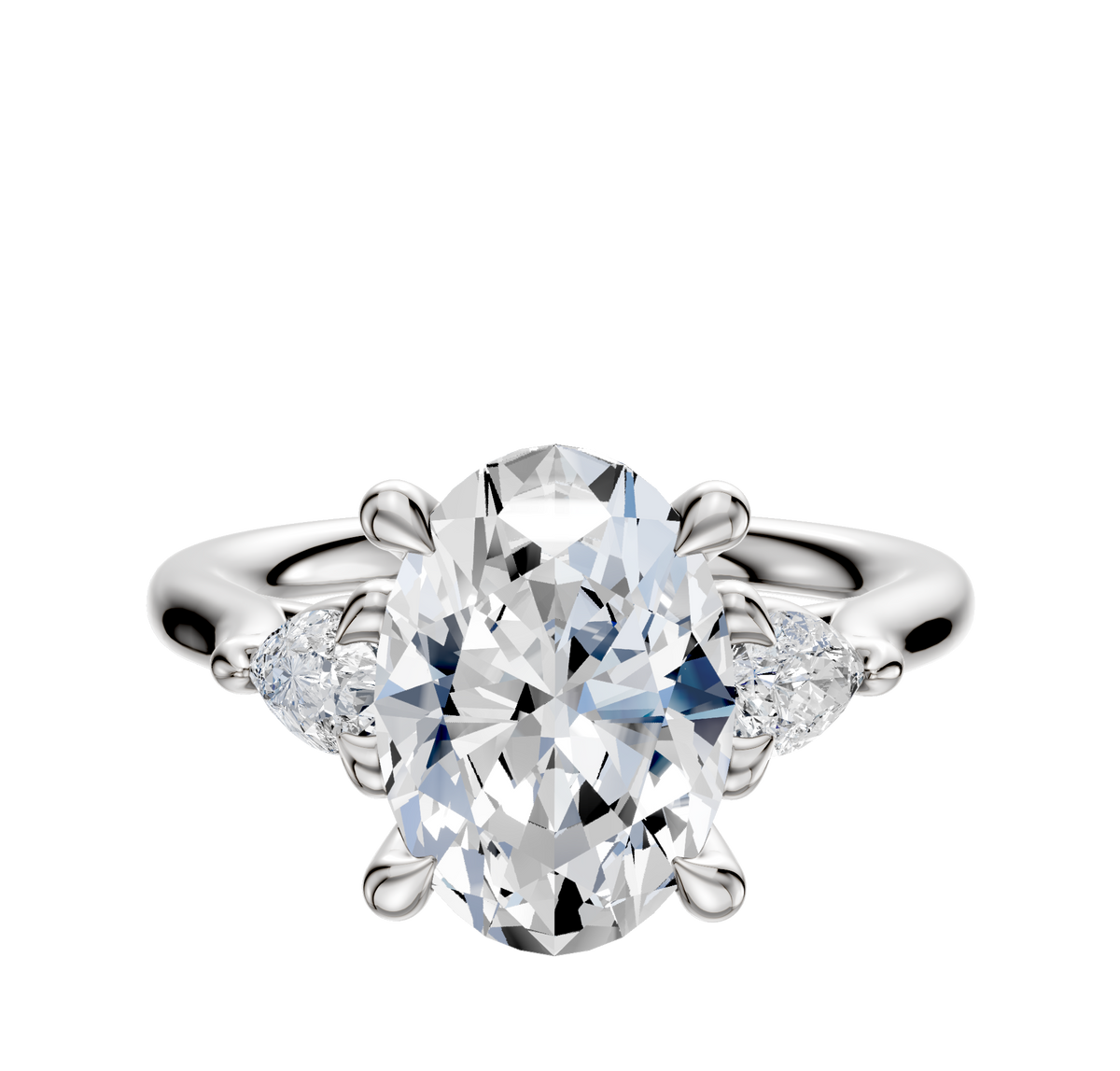An 18K white gold engagement ring with three stones, featuring pear-shaped side stones totaling 0.125TCW, set against a plain white background.