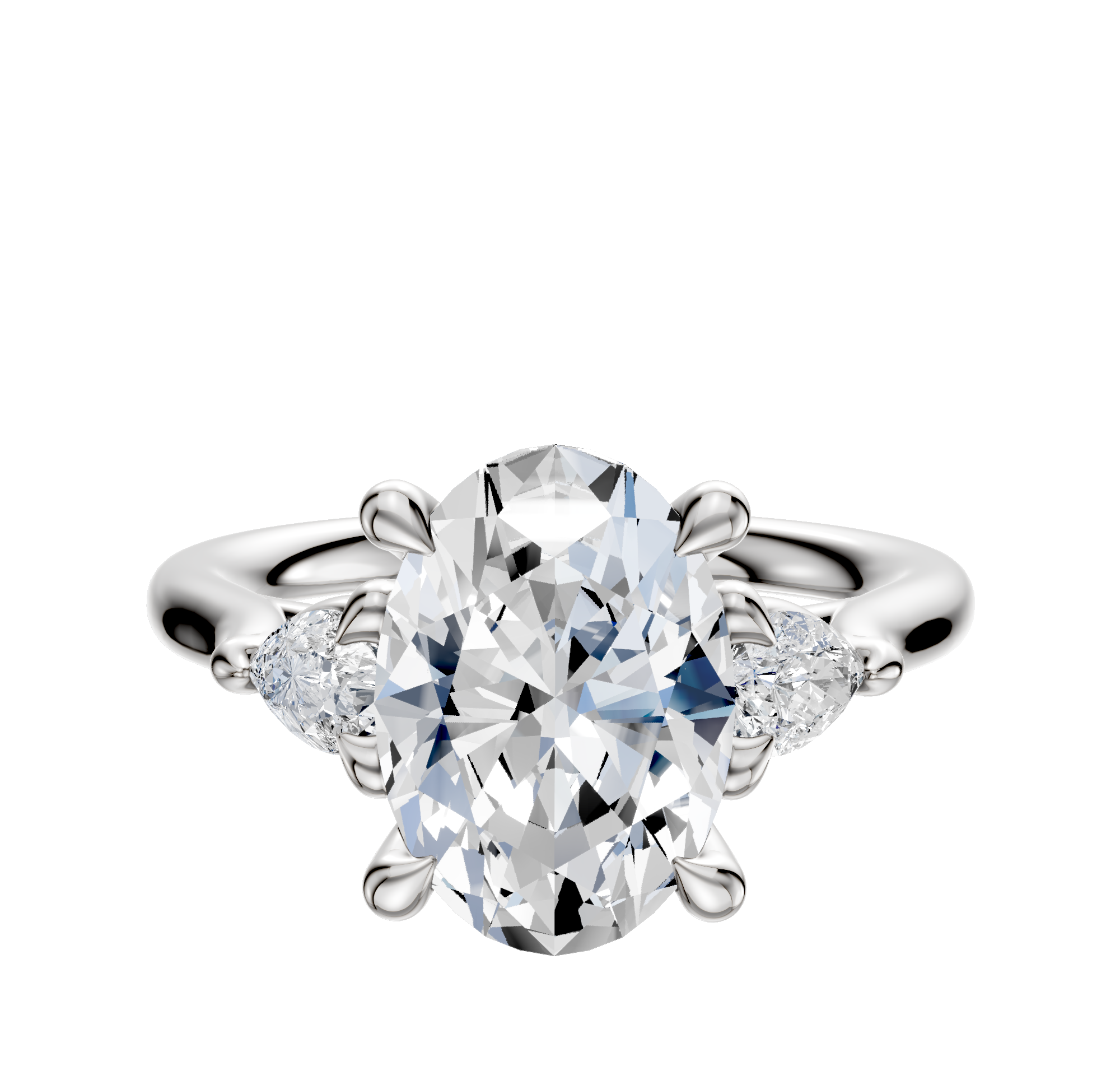 An 18K white gold engagement ring with three stones, featuring pear-shaped side stones totaling 0.125TCW, set against a plain white background.