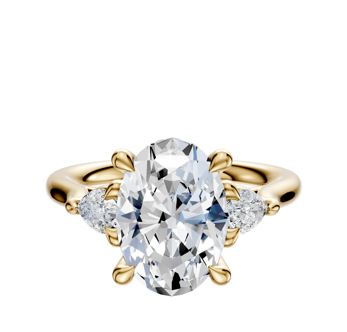 An 18K Yellow Gold 3-Stone Engagement Ring with a center diamond and two pear-shaped side stones (0.125TCW), displayed on a plain white background.