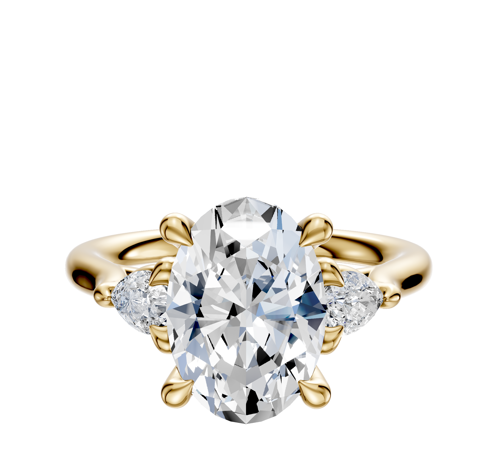 An 18K Yellow Gold 3-Stone Engagement Ring with a center diamond and two pear-shaped side stones (0.125TCW), displayed on a plain white background.