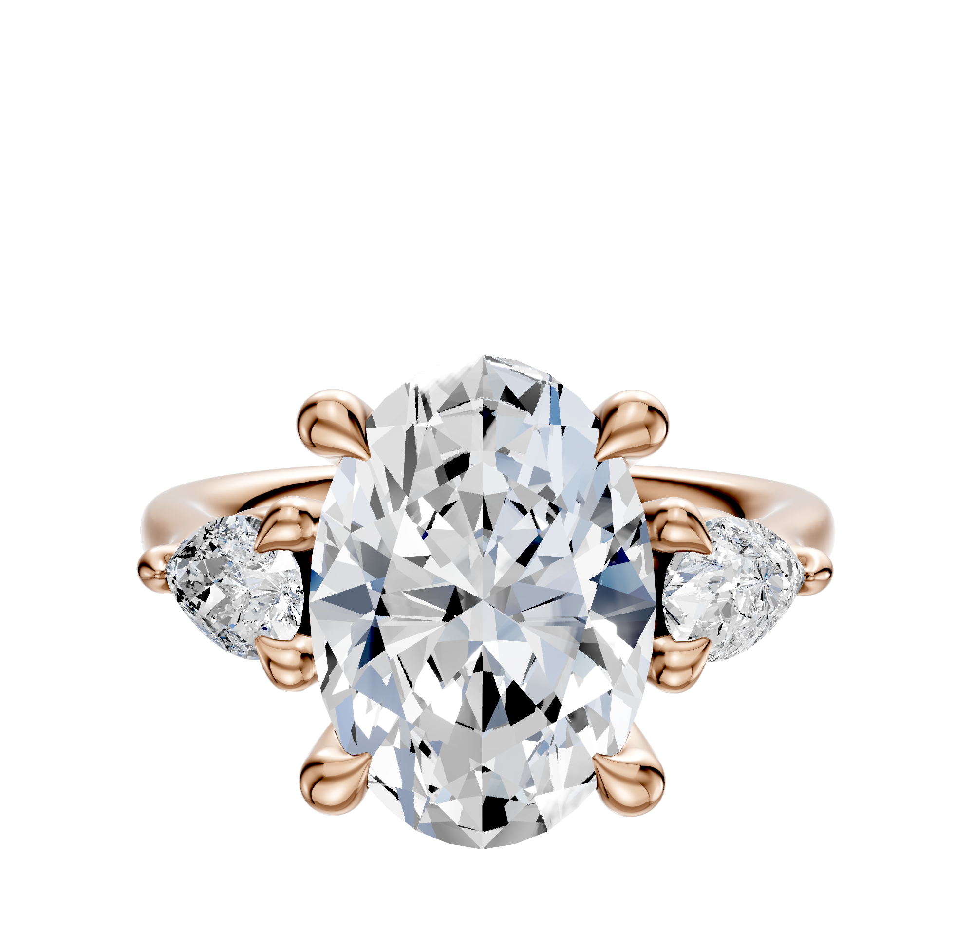 The 14K Rose Gold 3-Stone Engagement Ring features an oval center diamond with two pear-shaped side stones (0.25TCW), set in elegant prongs, showcased against a plain white background.