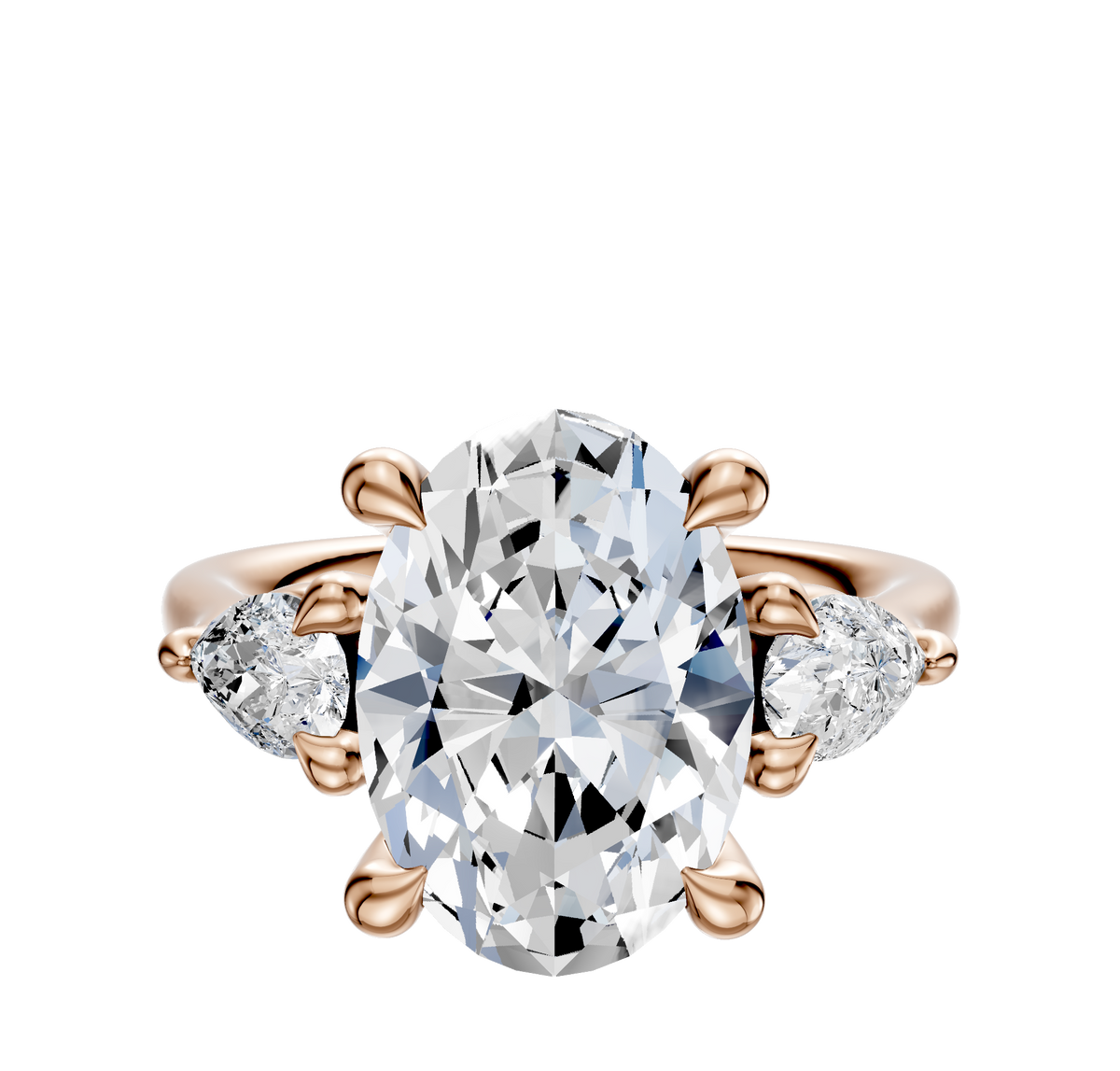 The 18K Rose Gold 3-Stone Pear Side Stones 0.25TCW Engagement Ring features a large oval diamond center with two pear-shaped side stones, all set against a plain white background.