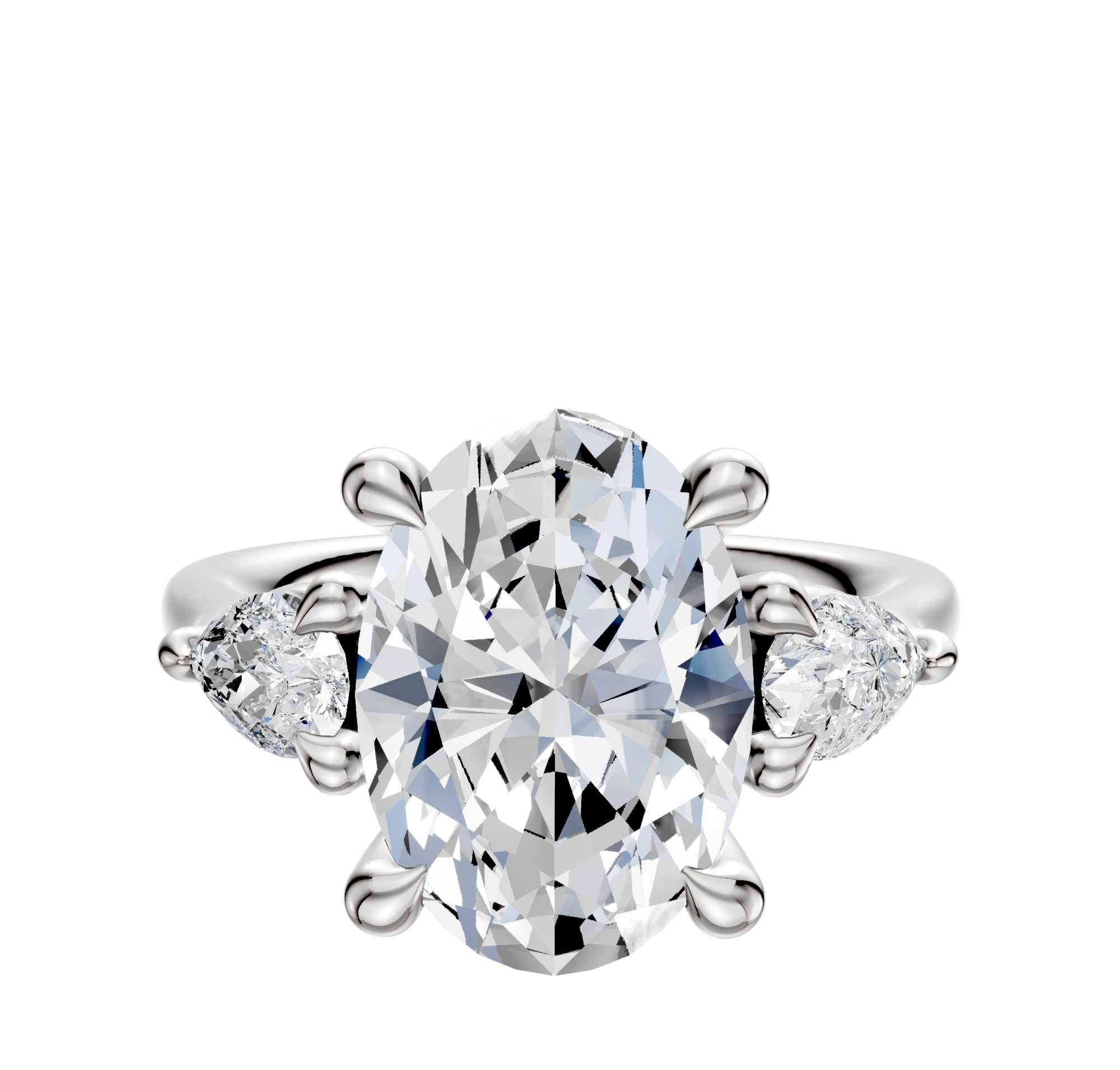 An 18K white gold engagement ring with three stones, featuring a center diamond and two pear-shaped side stones totaling 0.25TCW, displayed on a plain white background.