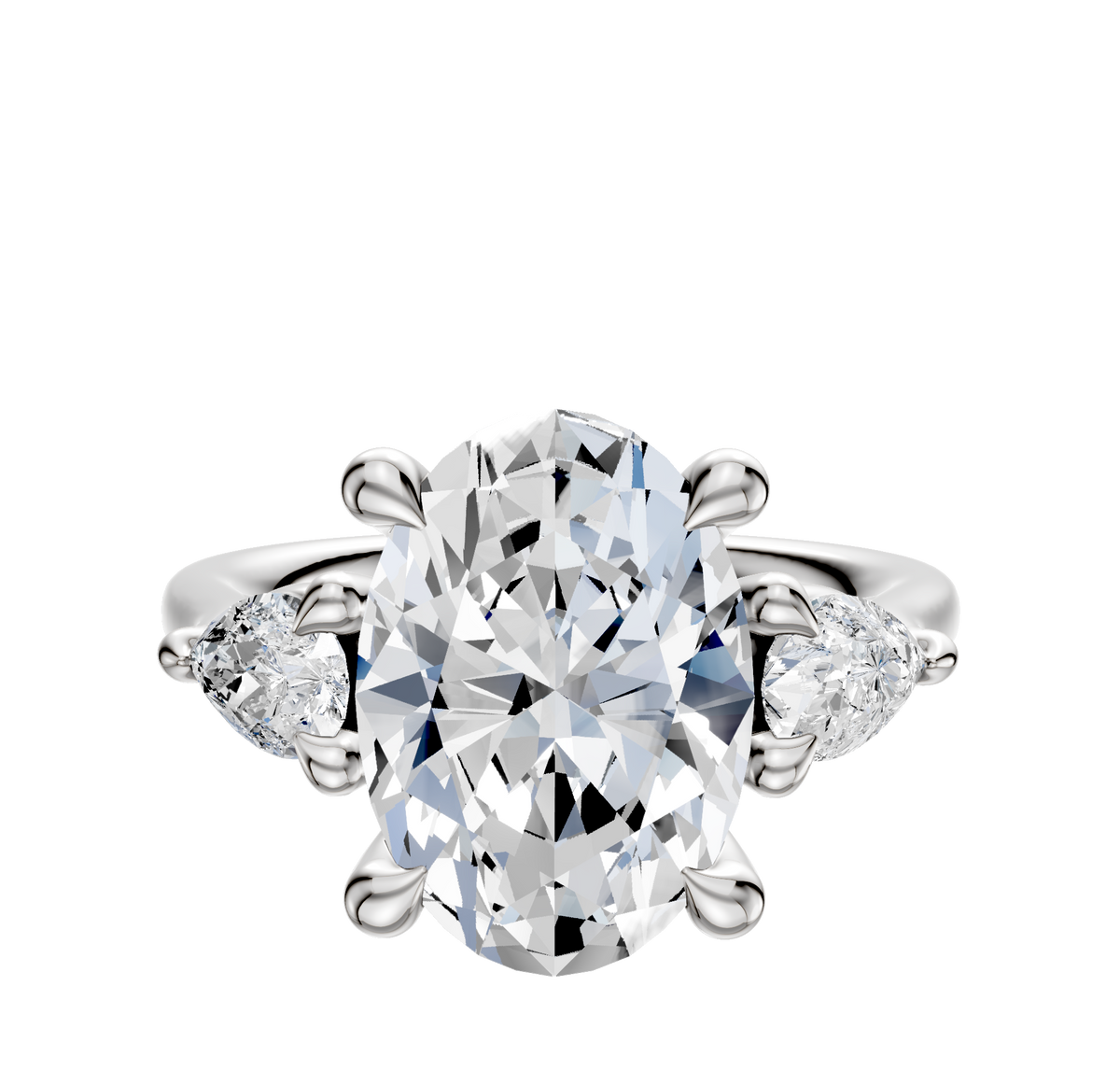 The Platinum 3-Stone Pear Side Stones 0.25TCW Engagement Ring features an oval-cut diamond center and two pear-shaped side diamonds, displayed against a plain white background.