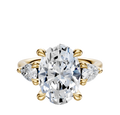 The 14K Yellow Gold 3-Stone Pear Side Stones 0.25TCW Engagement Ring features a central oval diamond with two pear-shaped side stones, all set in yellow gold and showcased on a plain white background.