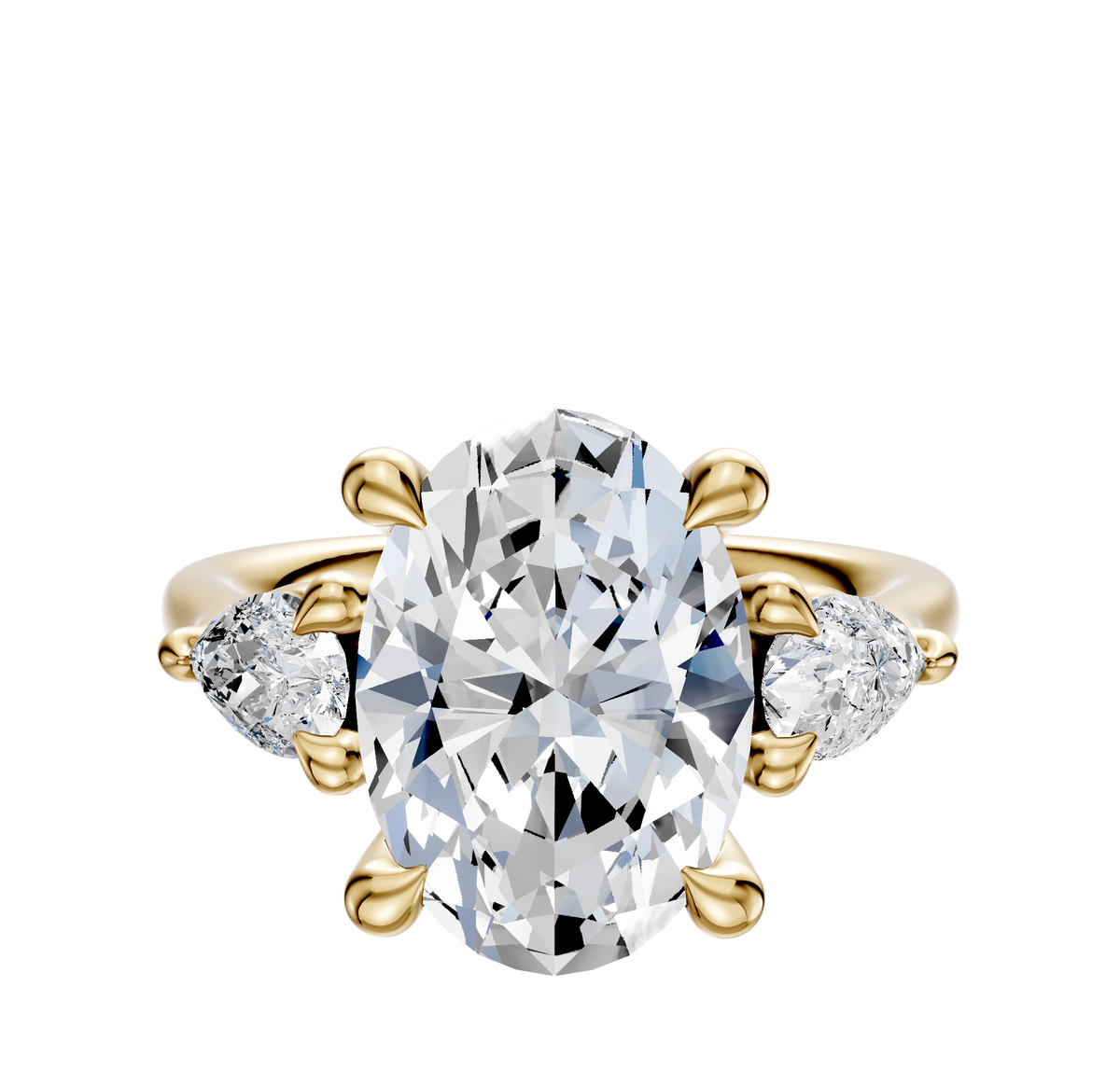 The 14K Yellow Gold 3-Stone Pear Side Stones 0.25TCW Engagement Ring features a central oval diamond with two pear-shaped side stones, all set in yellow gold and showcased on a plain white background.