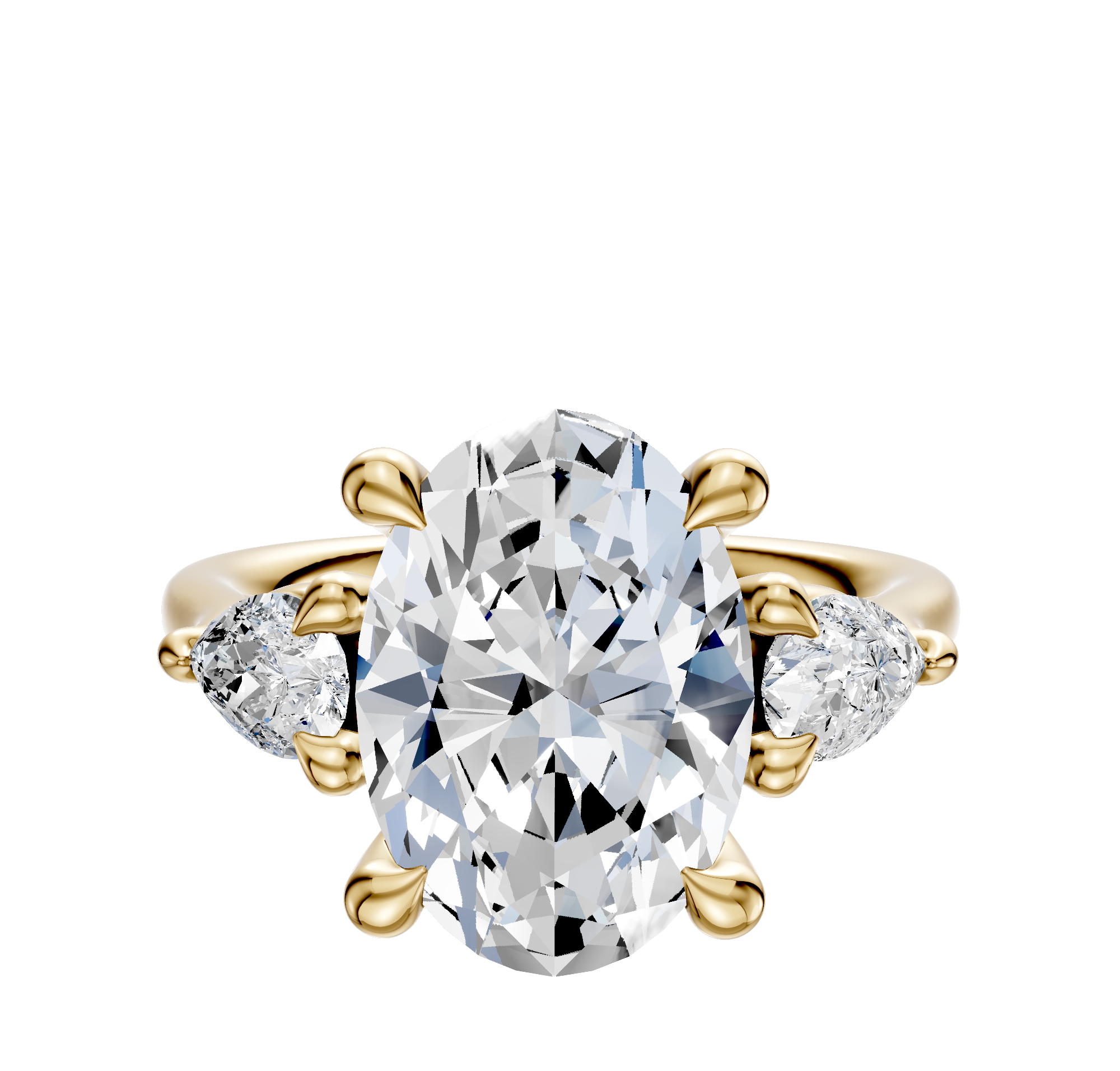 The 18K Yellow Gold 3-Stone Pear Side Stones 0.25TCW Engagement Ring features a classic prong setting with a central diamond and two pear-shaped side stones.