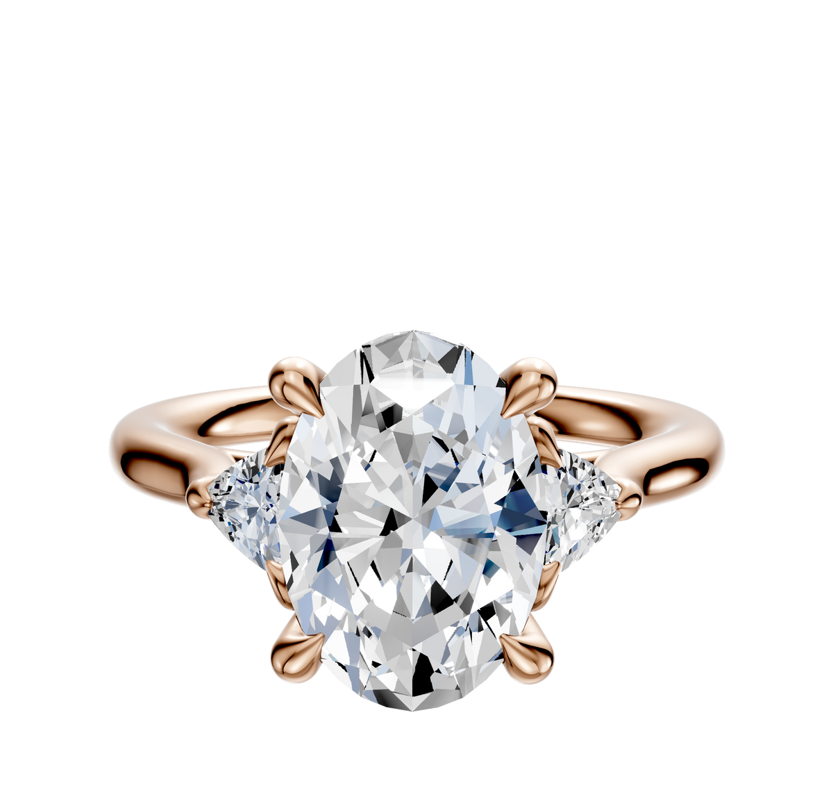 The 18K Rose Gold 3-Stone Trillion Side Stones 0.125TCW Engagement Ring showcases a sparkling center diamond with two trillion-cut side stones, elegantly displayed on a plain white background.