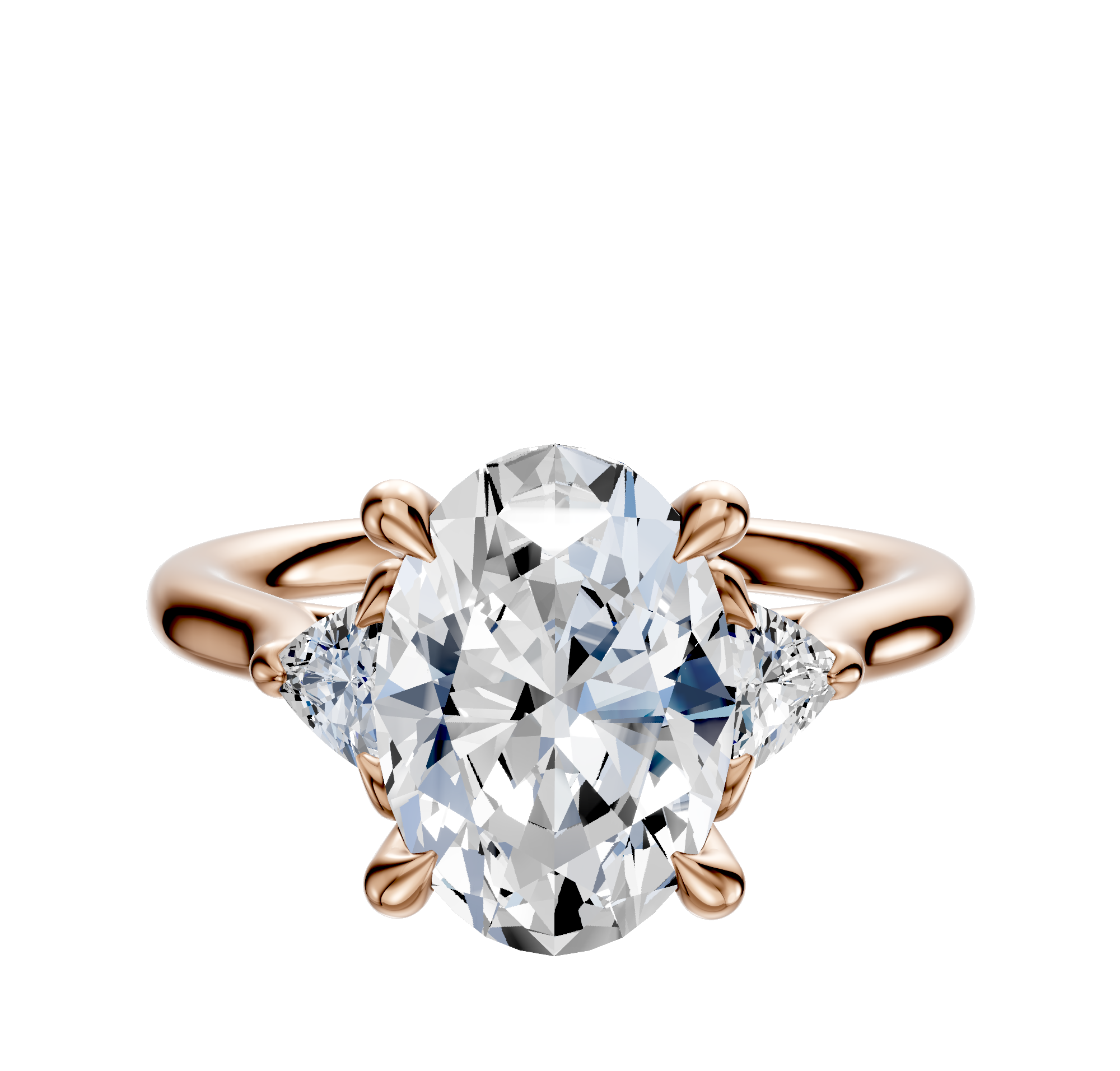 The 18K Rose Gold 3-Stone Trillion Side Stones 0.125TCW Engagement Ring showcases a sparkling center diamond with two trillion-cut side stones, elegantly displayed on a plain white background.