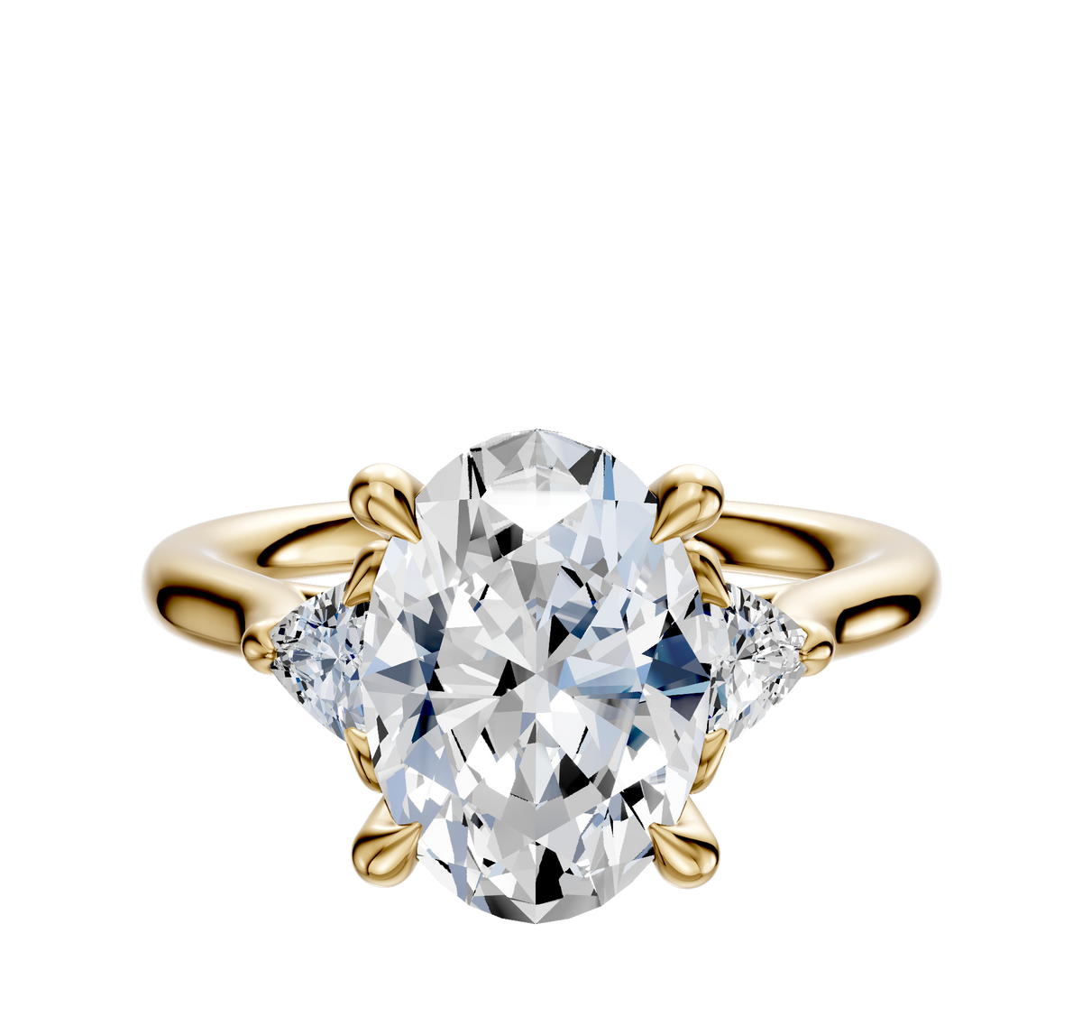 The 14K Yellow Gold 3-Stone Trillion Side Stones 0.125TCW Engagement Ring features a center stone with two trillion side stones, displayed on a plain white background.