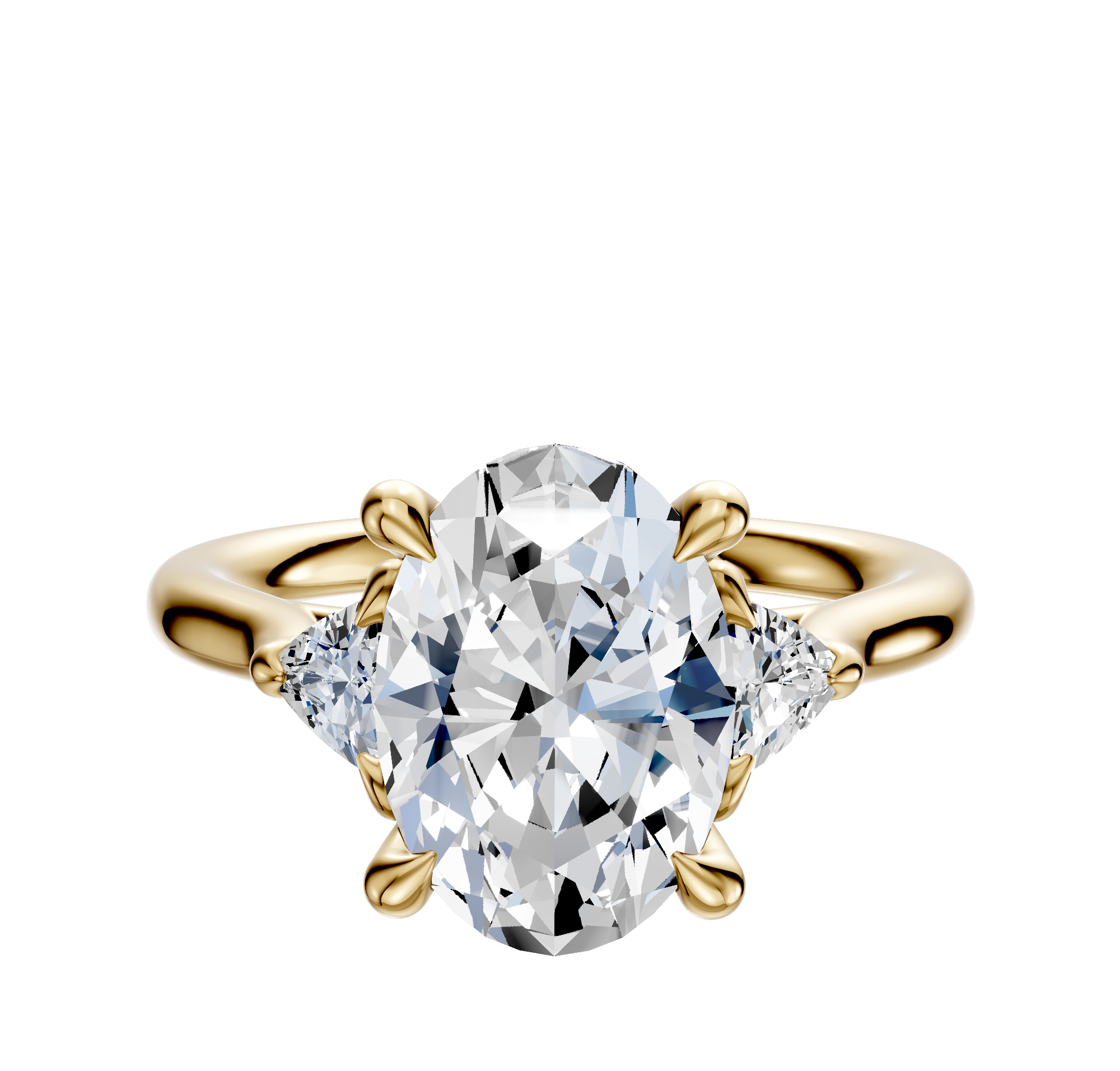 The 14K Yellow Gold 3-Stone Trillion Side Stones 0.125TCW Engagement Ring features a center stone with two trillion side stones, displayed on a plain white background.