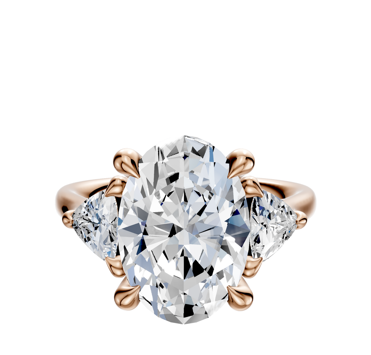The 14K Rose Gold 3-Stone Trillion Side Stones 0.25TCW Engagement Ring features a central diamond secured by four prongs and two sparkling trillion side stones, all set on an elegant rose gold band.