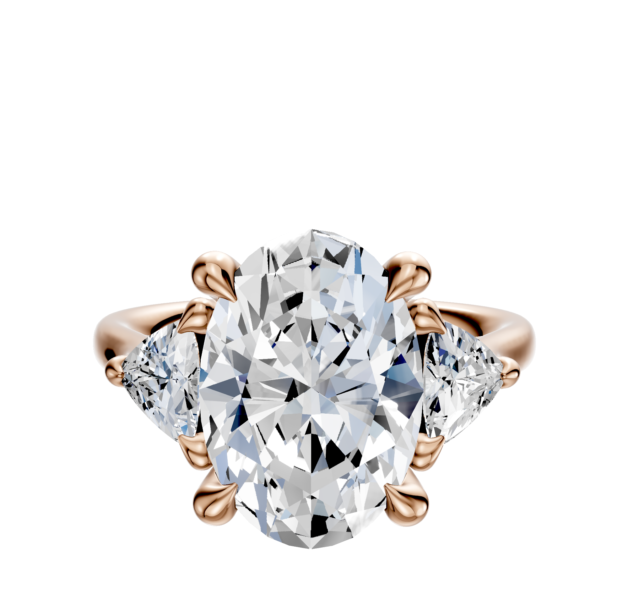 The 14K Rose Gold 3-Stone Trillion Side Stones 0.25TCW Engagement Ring features a central diamond secured by four prongs and two sparkling trillion side stones, all set on an elegant rose gold band.