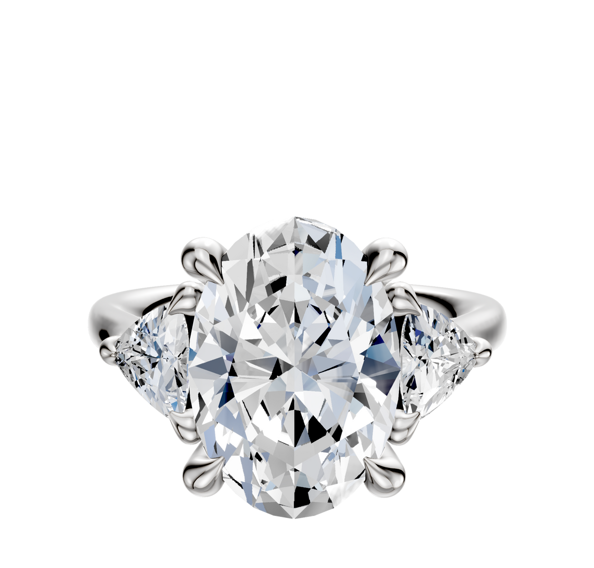 An 18K white gold engagement ring showcasing a center stone with two trillion-cut side diamonds (0.25TCW) set in a polished three-stone band, displayed against a white background.