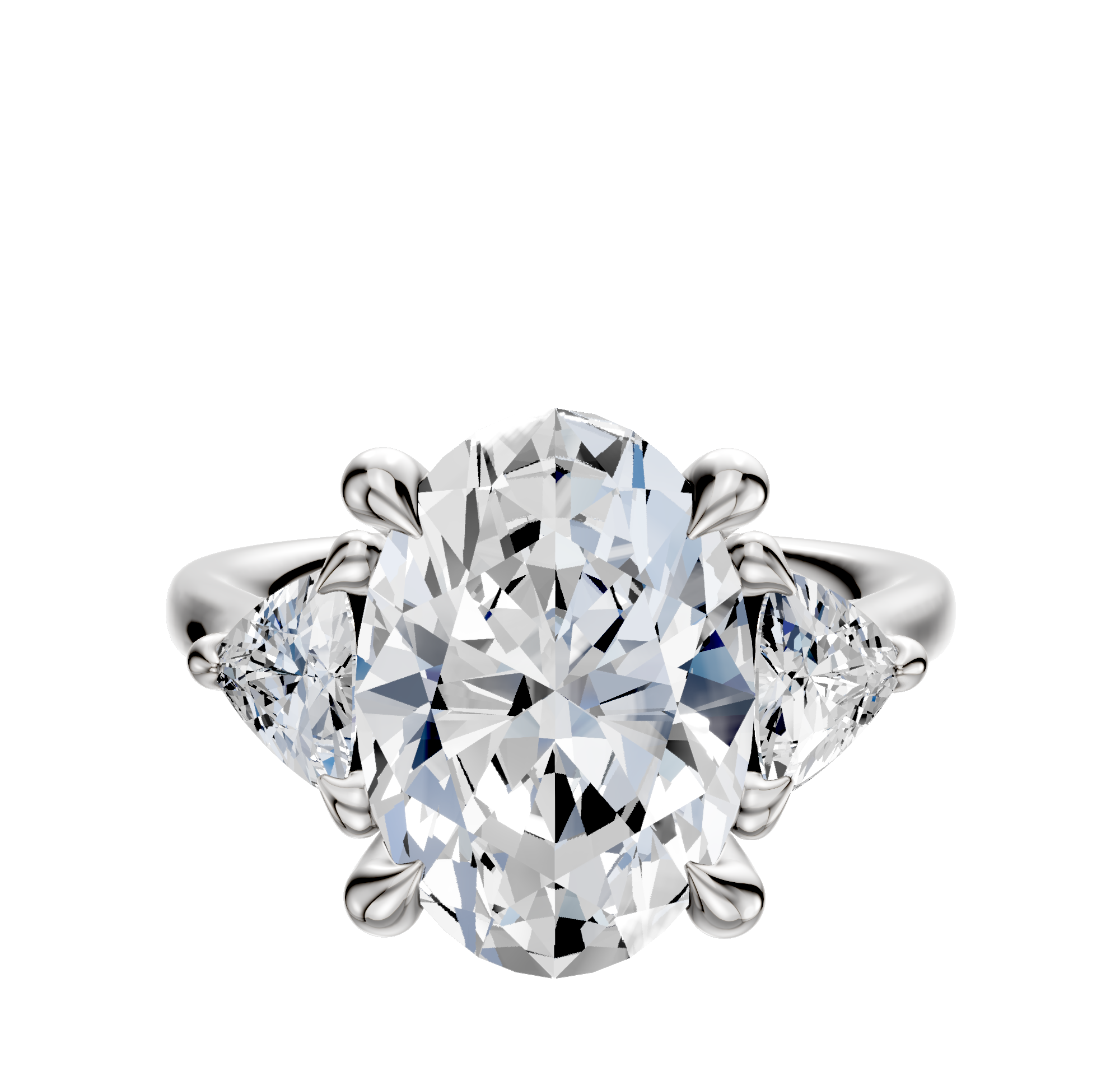 An 18K white gold engagement ring showcasing a center stone with two trillion-cut side diamonds (0.25TCW) set in a polished three-stone band, displayed against a white background.