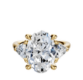 The 14K Yellow Gold 3-Stone Trillion Side Stones 0.25TCW Engagement Ring features a large center diamond flanked by two smaller trillion-cut diamonds, showcased against a white background.