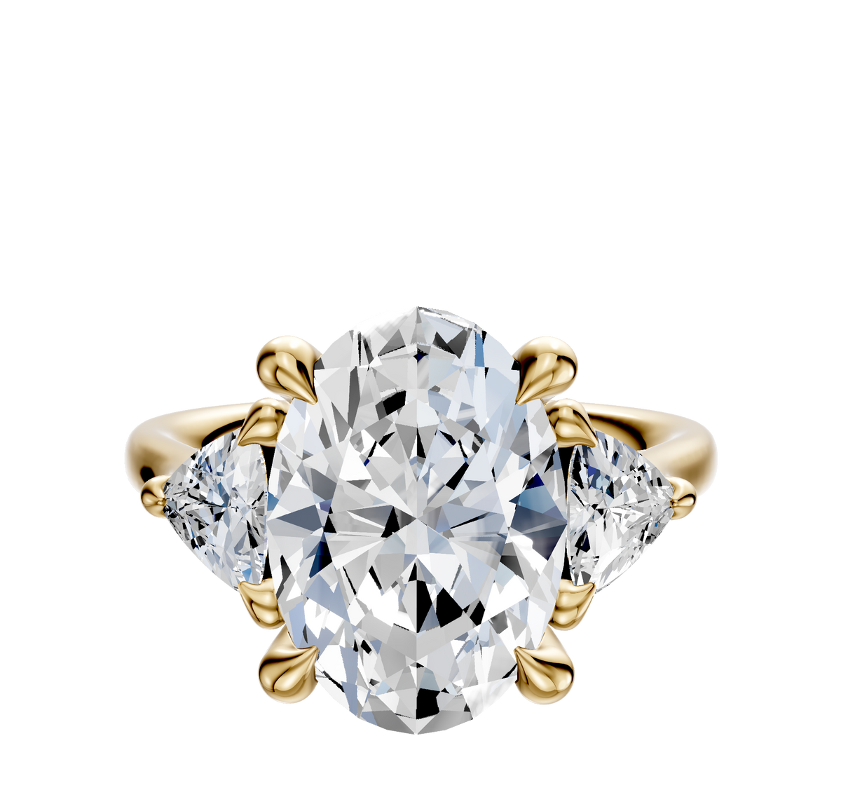The 14K Yellow Gold 3-Stone Trillion Side Stones 0.25TCW Engagement Ring features a large center diamond flanked by two smaller trillion-cut diamonds, showcased against a white background.