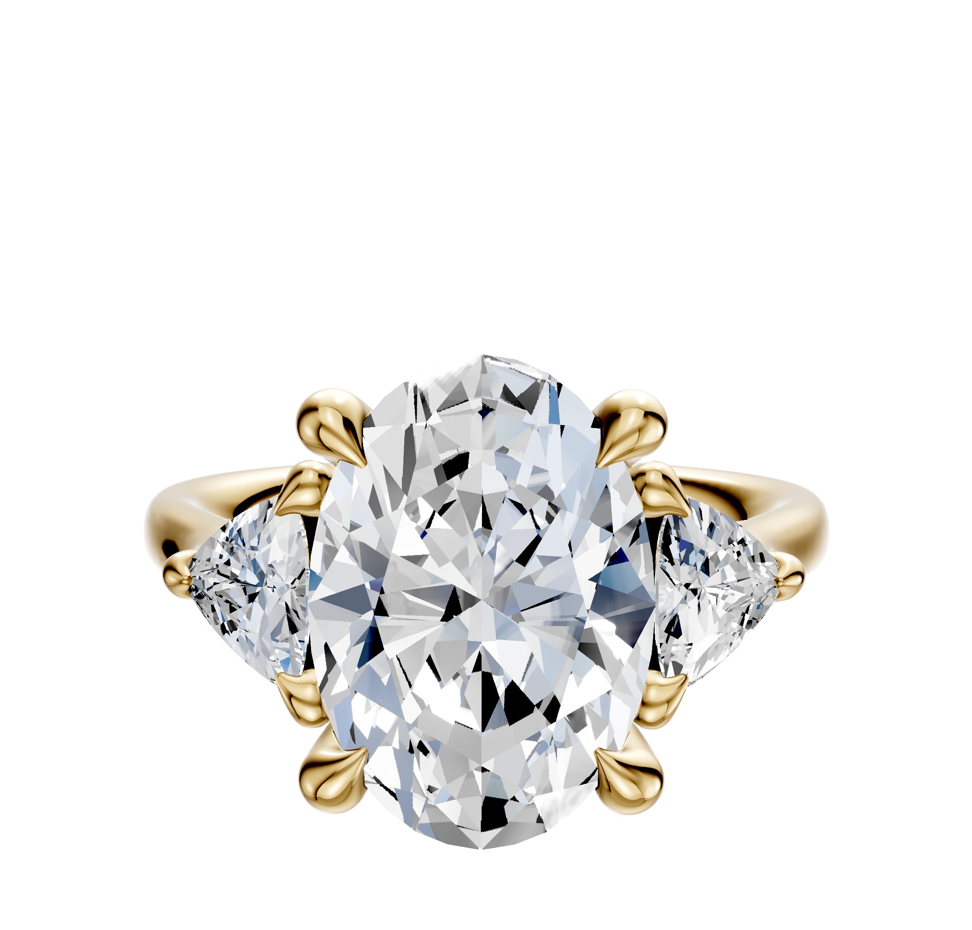 The 14K Yellow Gold 3-Stone Trillion Side Stones 0.25TCW Engagement Ring features a large center diamond flanked by two smaller trillion-cut diamonds, showcased against a white background.