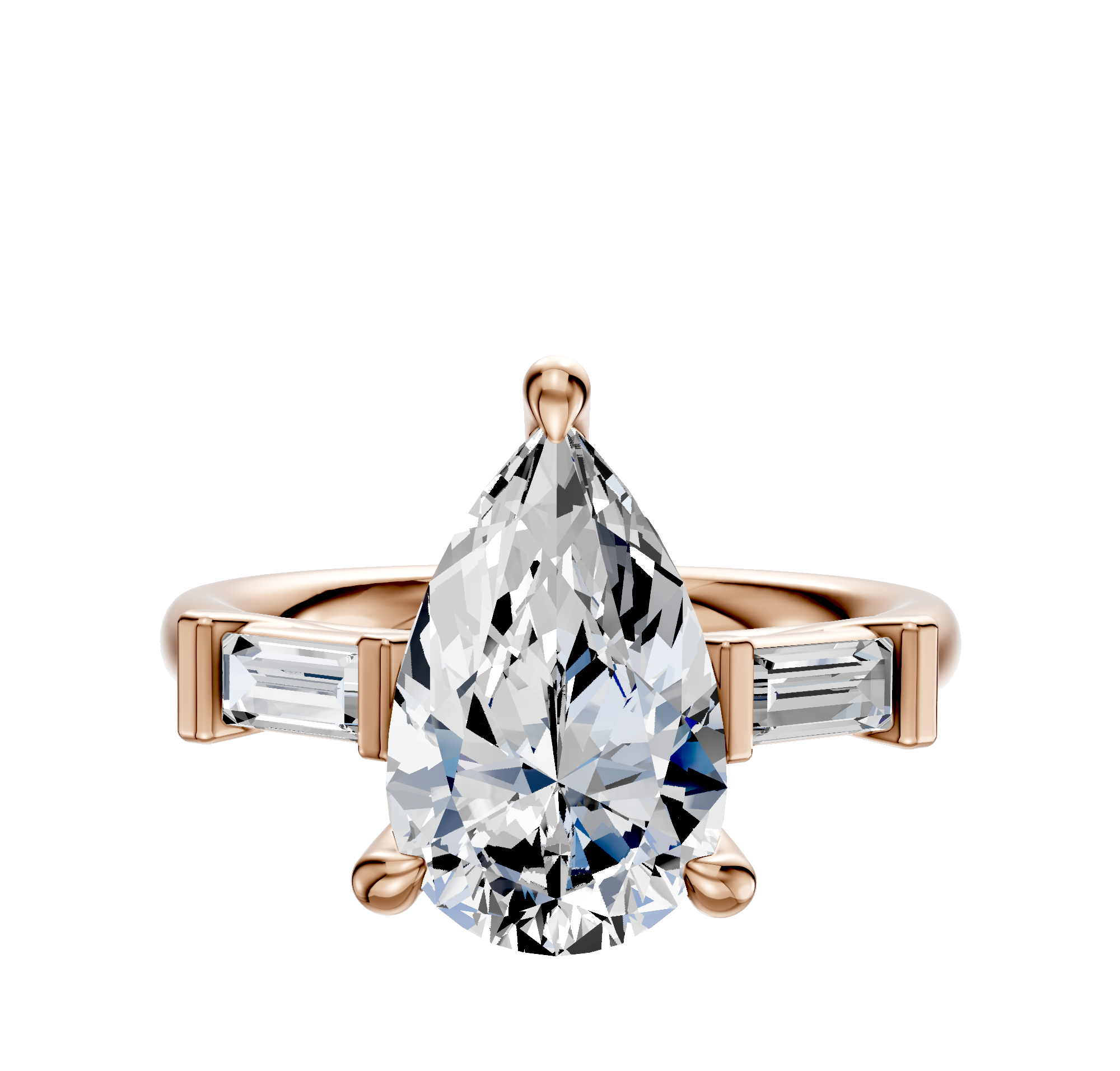 The 14K Rose Gold 3-Stone Baguette East/West Side Stones 0.125TCW Engagement Ring showcases a central stone with rectangular baguette side accents, all set against a plain white background.