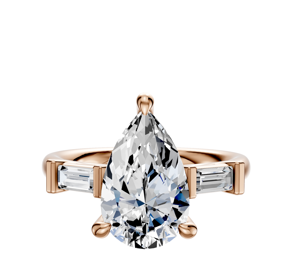 The 18K Rose Gold 3-Stone Baguette East/West Side Stones 0.125TCW Engagement Ring features a minimalist prong setting with a central diamond flanked by rectangular baguette-cut side stones.