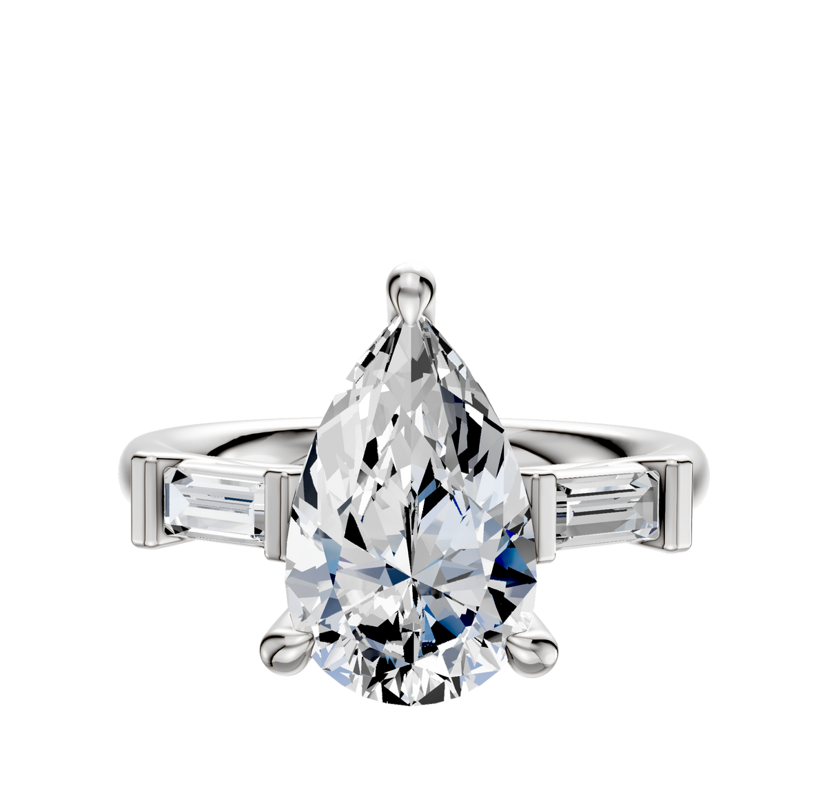 An 18K white gold engagement ring featuring three stones with east/west baguette side accents (0.125 TCW), shown on a plain white background.