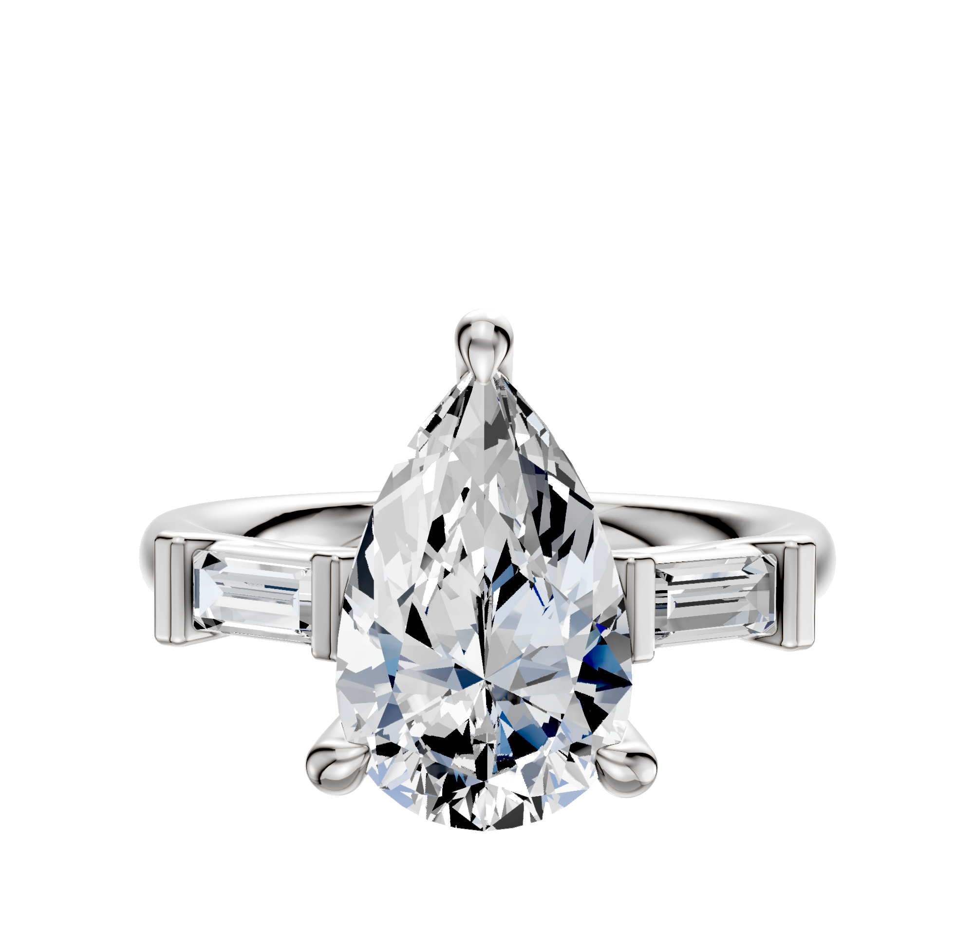 The Platinum 3-Stone Baguette East/West Side Stones 0.125TCW Engagement Ring features a pear-shaped diamond flanked by two rectangular baguette side stones on a polished platinum band, displayed against a plain white background.