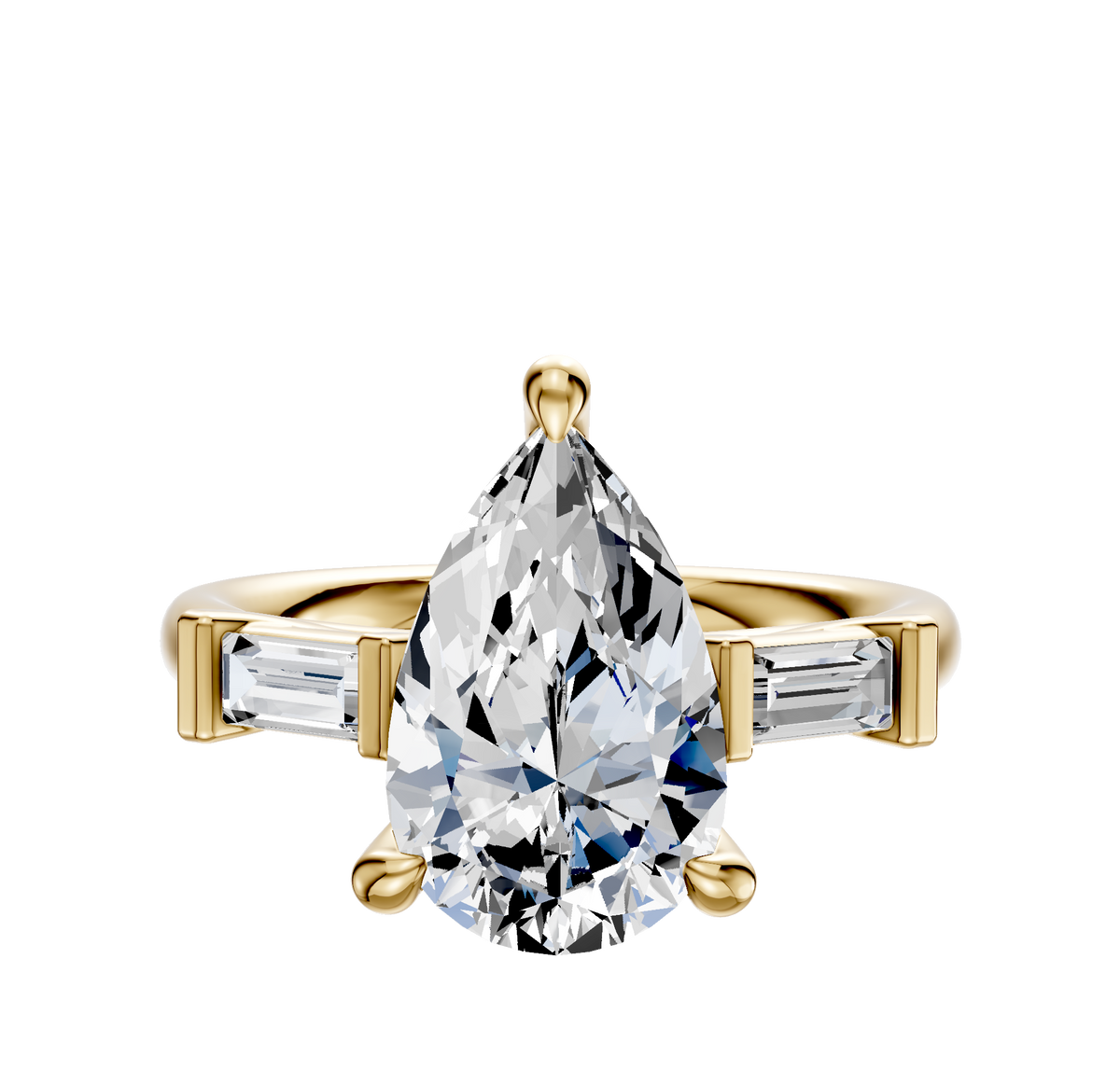 The 18K Yellow Gold 3-Stone Baguette East/West Side Stones 0.125TCW Engagement Ring features a central diamond with two baguette-cut side stones, showcased on a plain white background.
