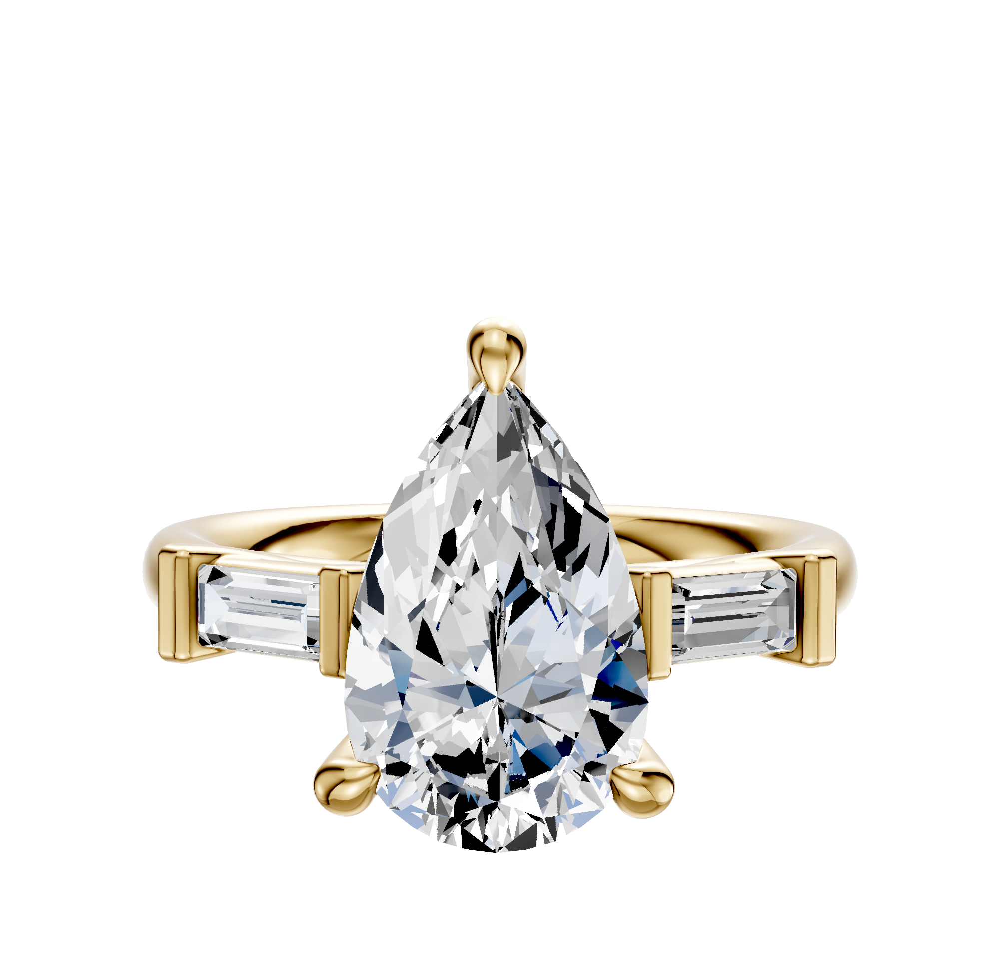 The 18K Yellow Gold 3-Stone Baguette East/West Side Stones 0.125TCW Engagement Ring features a central diamond with two baguette-cut side stones, showcased on a plain white background.