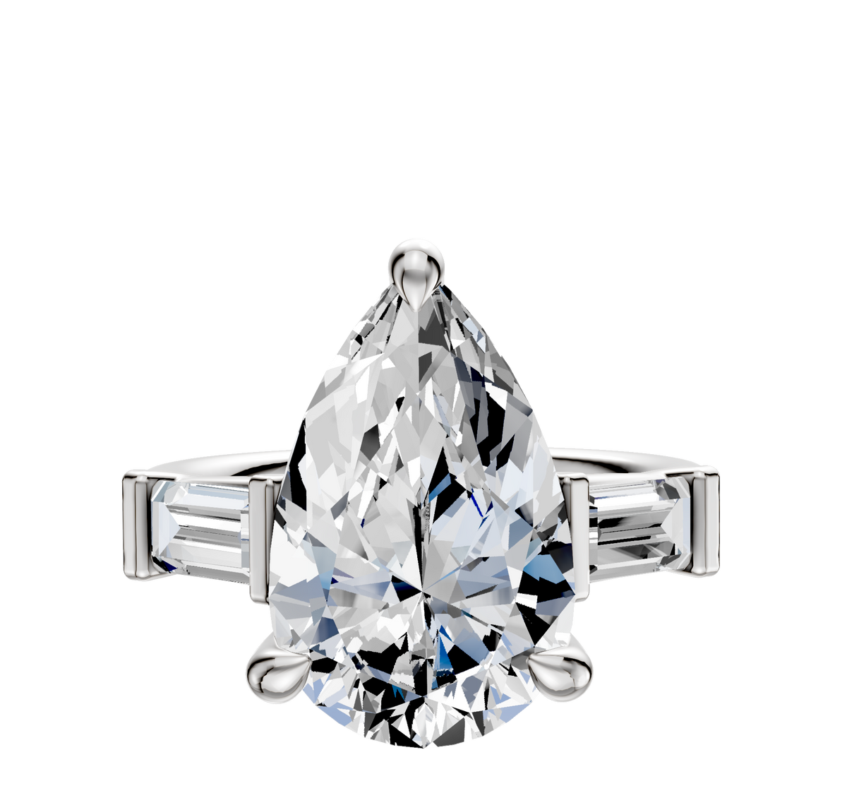 An 18K White Gold 3-Stone Engagement Ring featuring a faceted center stone and two east/west baguette side stones (0.25 TCW), shown on a polished white band against a plain white background.