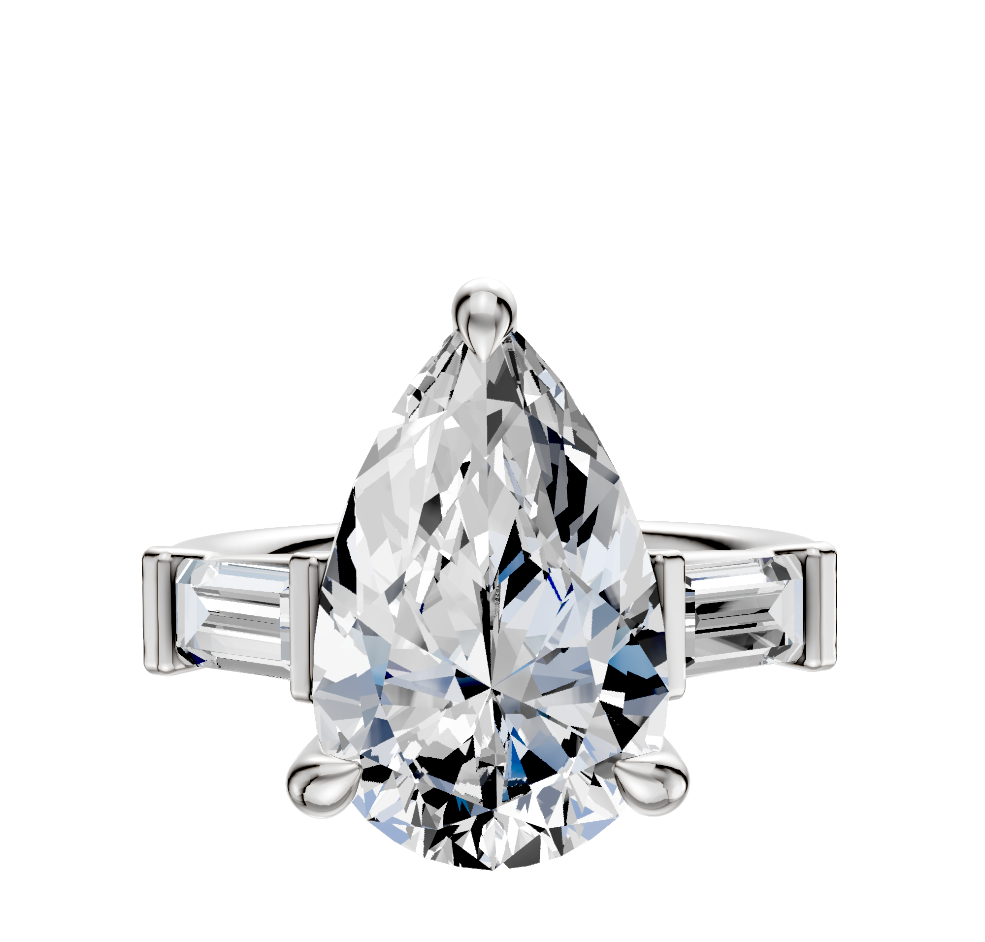 The Platinum 3-Stone Baguette East/West Side Stones 0.25TCW Engagement Ring showcases a pear-shaped diamond center with two tapered baguette-cut side stones, beautifully displayed against a plain white background.