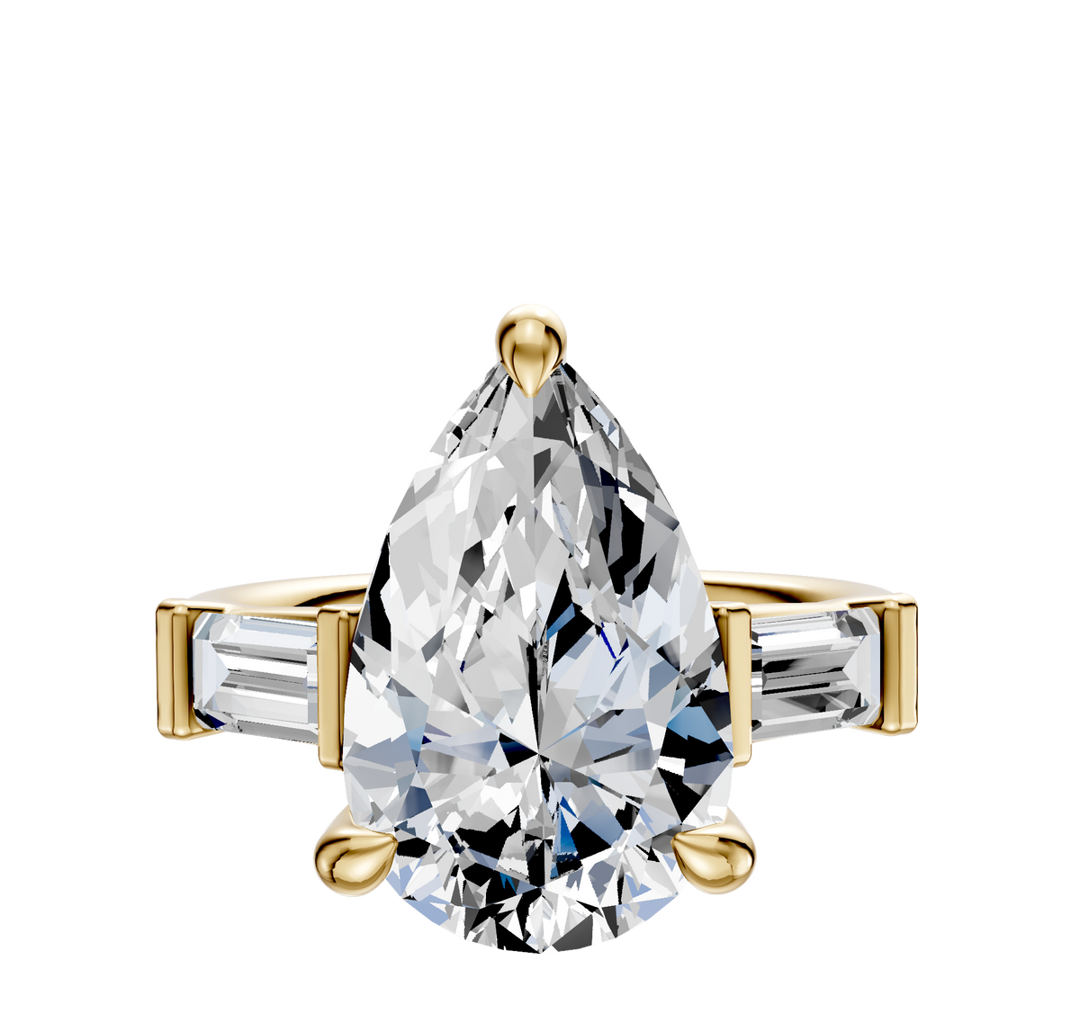 The 14K Yellow Gold 3-Stone Baguette East/West Side Stones 0.25TCW Engagement Ring features a pear-shaped center diamond with two baguette-cut side stones, shown against a plain white background.