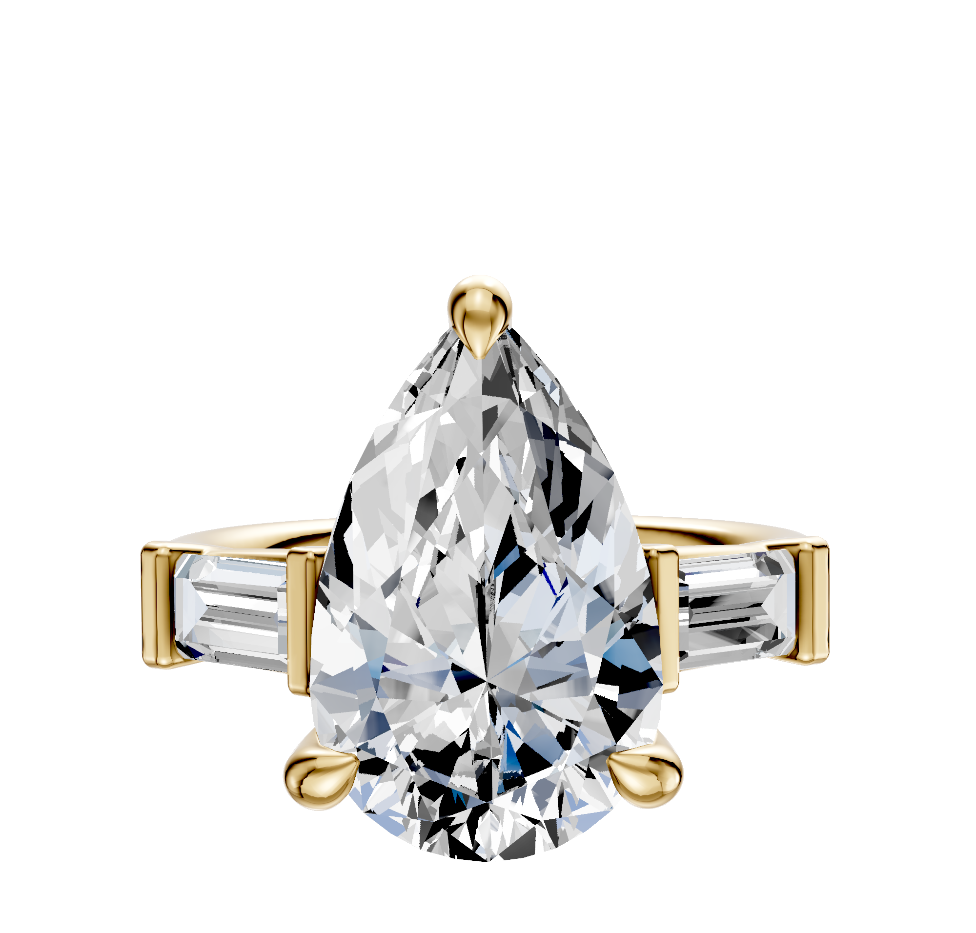 The 18K Yellow Gold 3-Stone Baguette East/West Side Stones 0.25TCW Engagement Ring showcases a central pear-shaped diamond flanked by two baguette-cut side stones, all set against a plain white background.