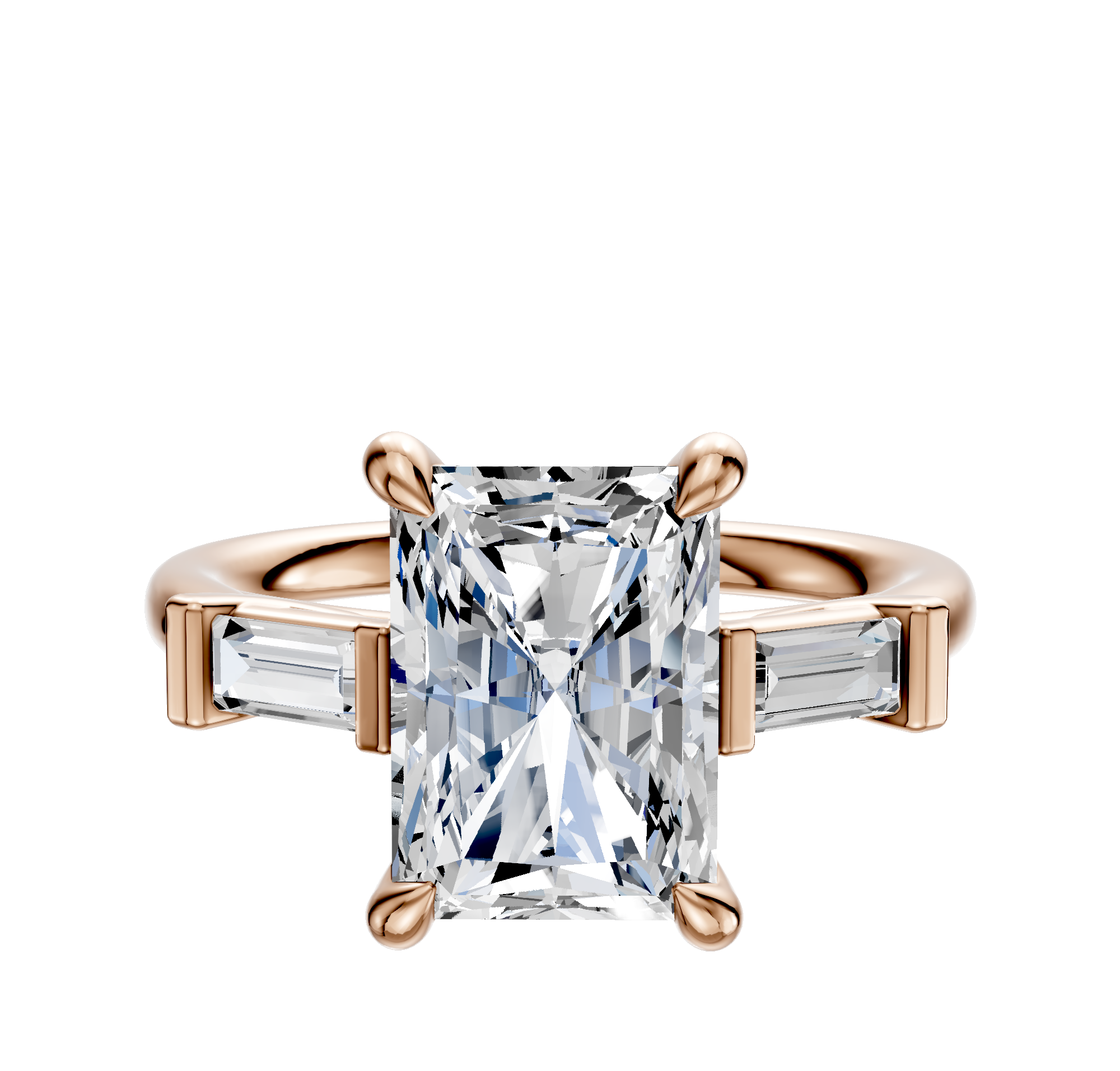 The 14K Rose Gold 3-Stone Baguette East/West Side Stones Engagement Ring features a radiant center, two rectangular baguette diamonds (0.125TCW), a polished band, and prong settings.