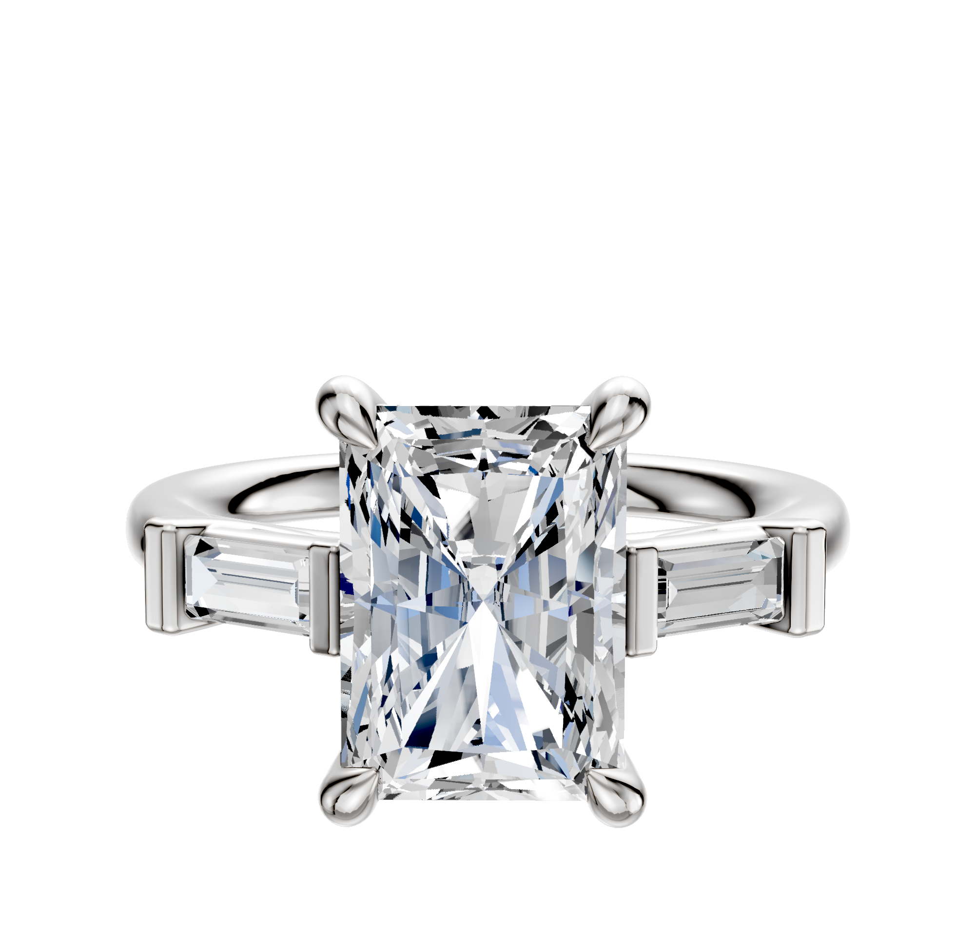 The Platinum 3-Stone Baguette East/West Side Stones 0.125TCW Engagement Ring features a radiant-cut center diamond flanked by two tapered baguette diamonds on a polished platinum band, presented against a white background.