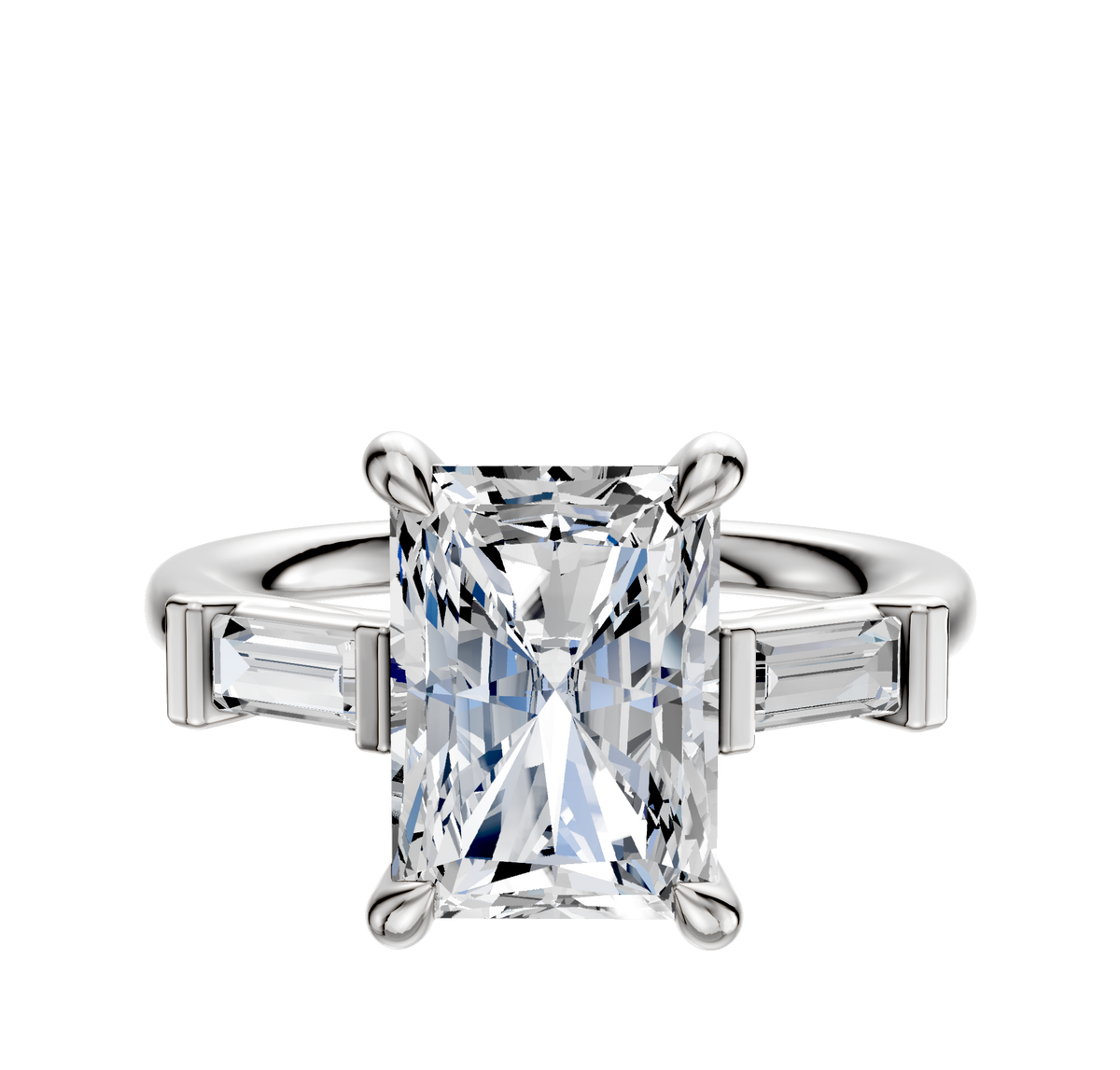 The 18K White Gold 3-Stone Baguette East/West Side Stones 0.125TCW Engagement Ring features baguette side stones in a classic three-stone setting.