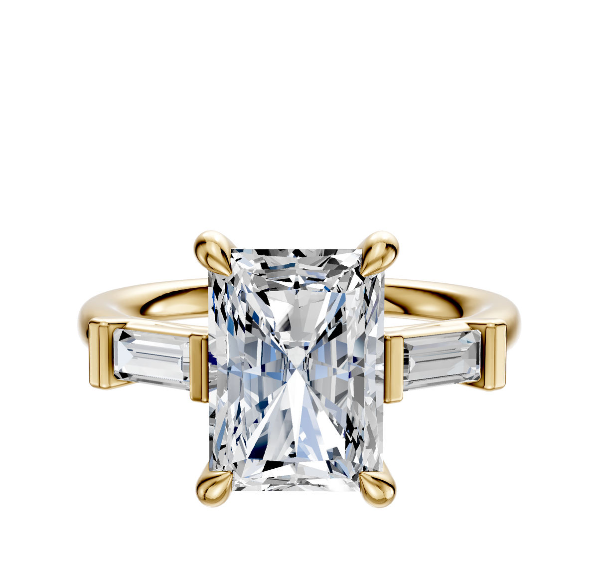 The 14K Yellow Gold 3-Stone Baguette East/West Side Stones 0.125TCW Engagement Ring features a rectangular-cut center stone and two smaller baguette side stones, set against a plain white background.