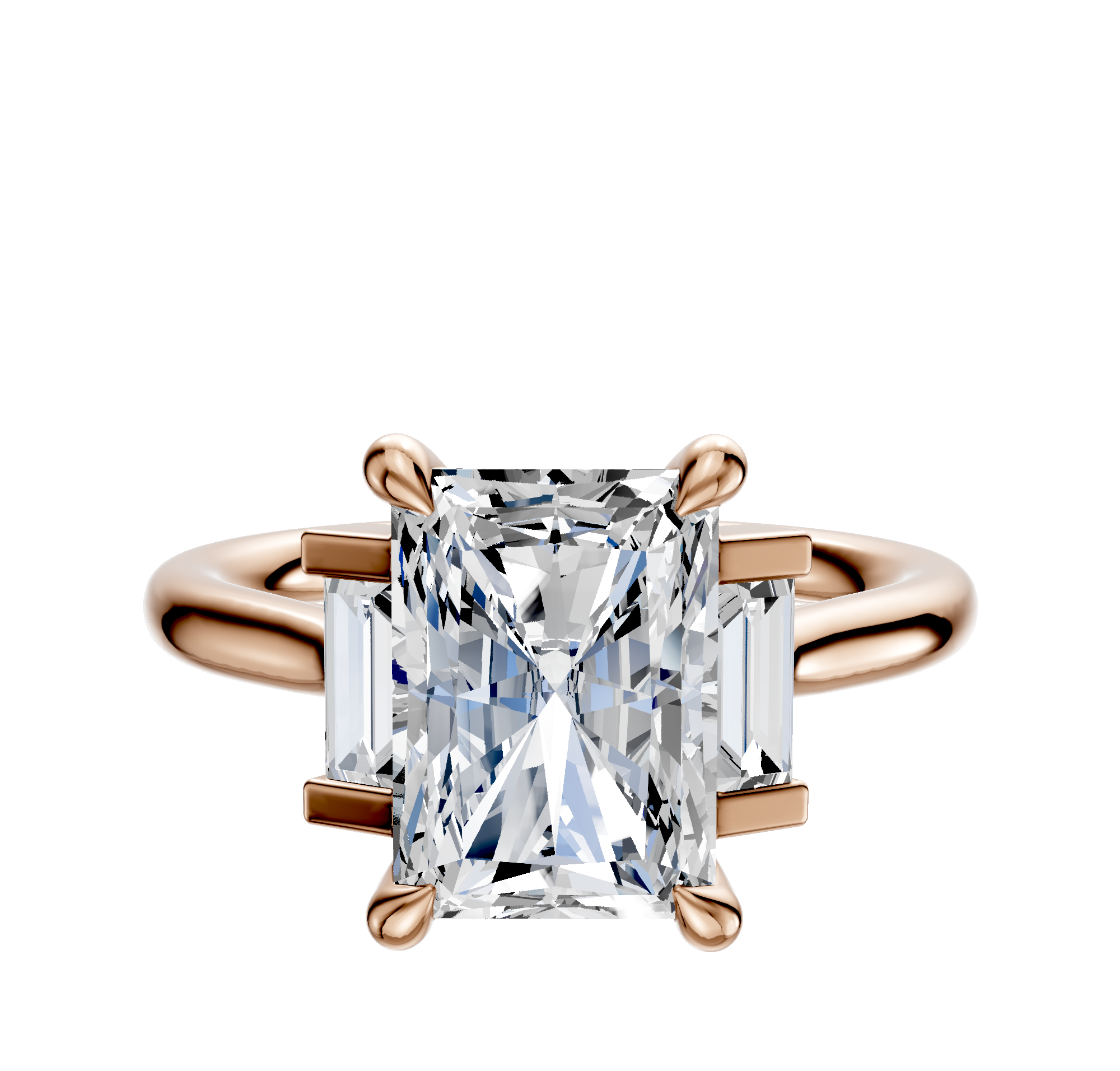 The 14K Rose Gold 3-Stone Baguette Side Stones Set North/South 0.125TCW Ring features a central diamond accented by two baguette-cut side stones on a slim rose gold band.