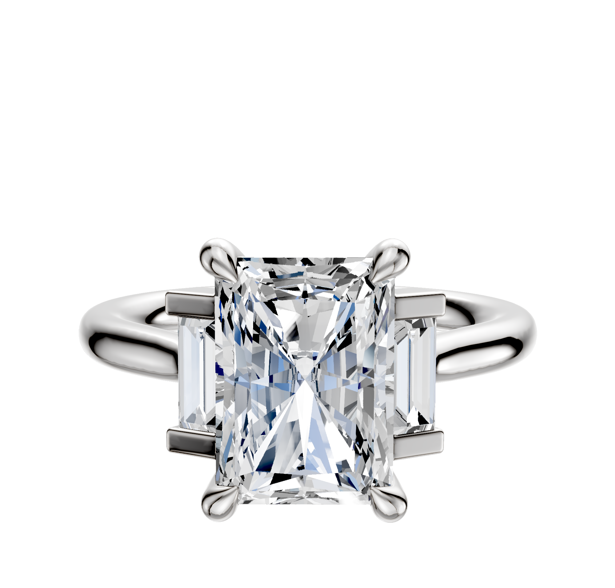 A 14K white gold ring with three stones featuring baguette side stones set north/south, totaling 0.125 carats, displayed on a simple band against a white background.